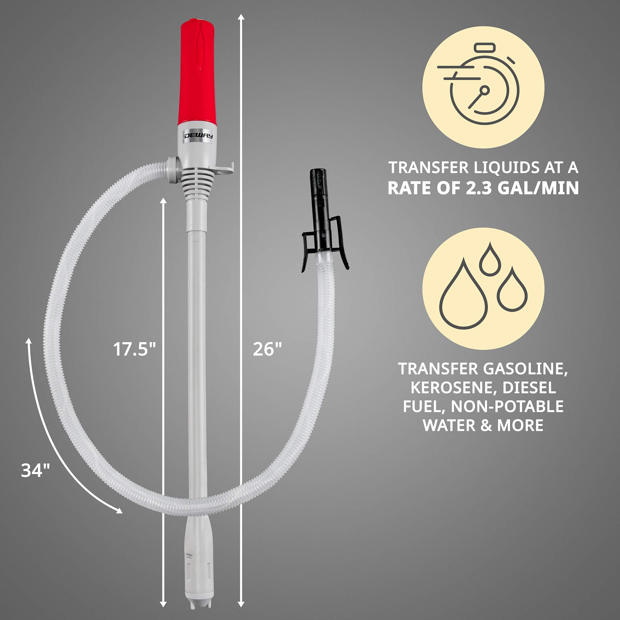 DEWAY Automatic Fuel Transfer Pump - 3X Powerful, D Battery Powered, Extra Long Hose, Grey, Model WAYPUMP13, 2.4 Gal/Minute