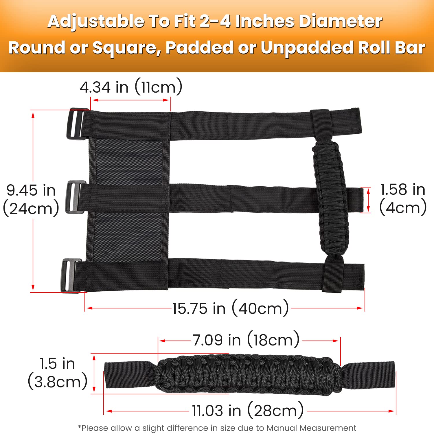 E-Cowlboy 4 X Roll Bar Grab Handles Grip Handle For Jeep Wrangler Yj Tj Jk Jku Jl Jlu Sports Sahara Freedom Rubicon Unlimited X Gladiator Jt 1955-2023 Utv Atv Premium Paracord (Black)