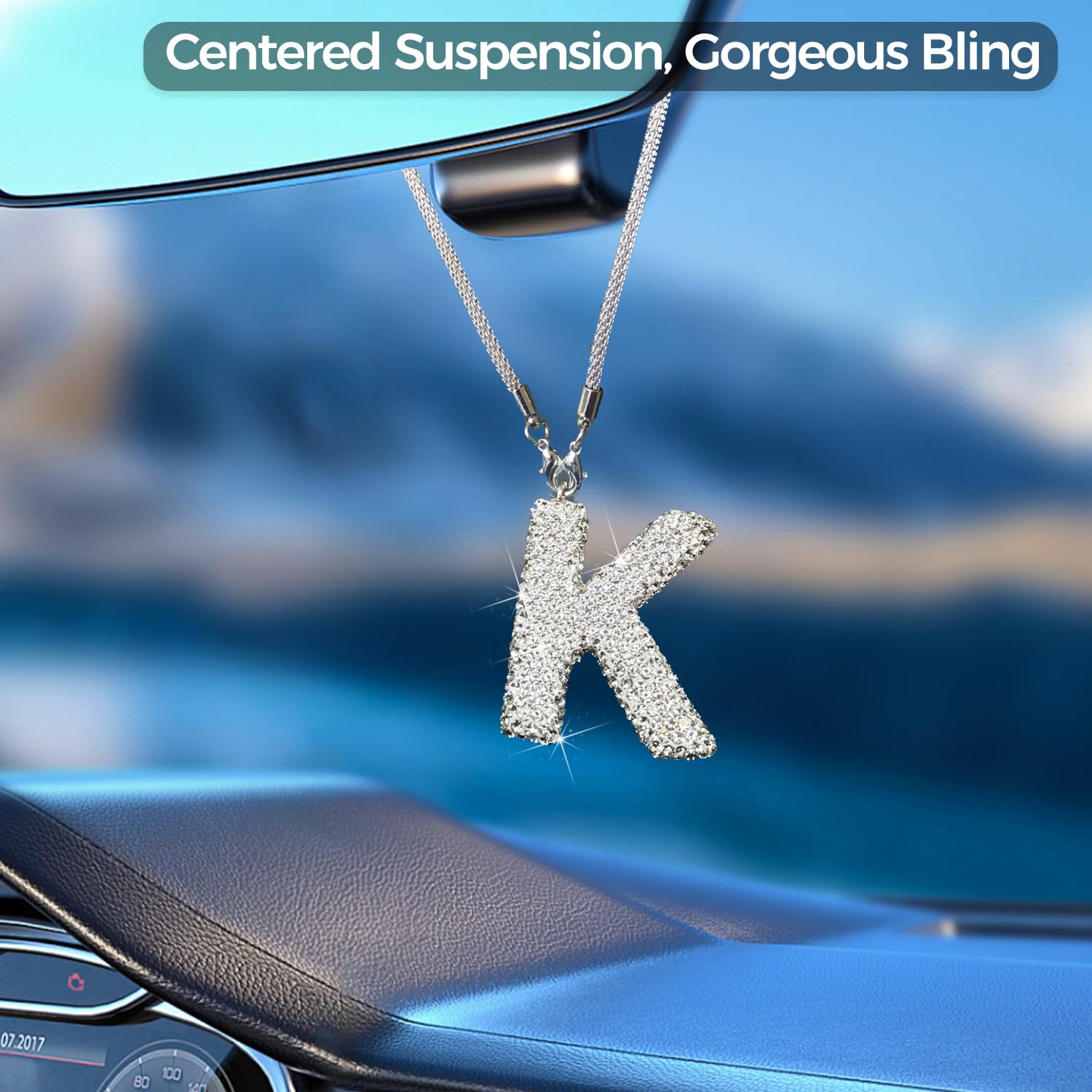 Hitluste Bling Car Letter Charm Pendant, Crystal Rear View Mirror Ornament, Alloy, White K, Model EL-K-1PC-W
