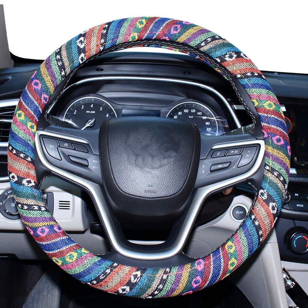 Shiawasena Shiawasena Car Steering Wheel Cover, Coarse Flax Cloth, Ethnic Style, Universal 15 Inch Fit, Anti-Slip Sweat-Absorben