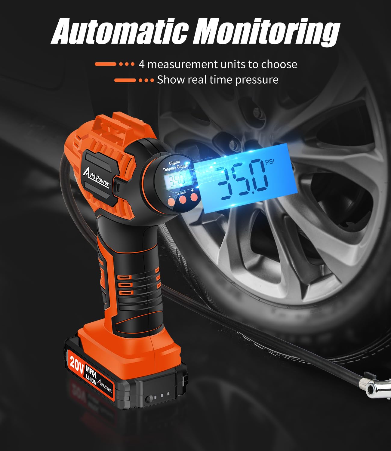 Avid Power 20V Cordless Tire Inflator with Rechargeable Battery, Model ACAP115D-O, Portable Air Pump, Small, Orange