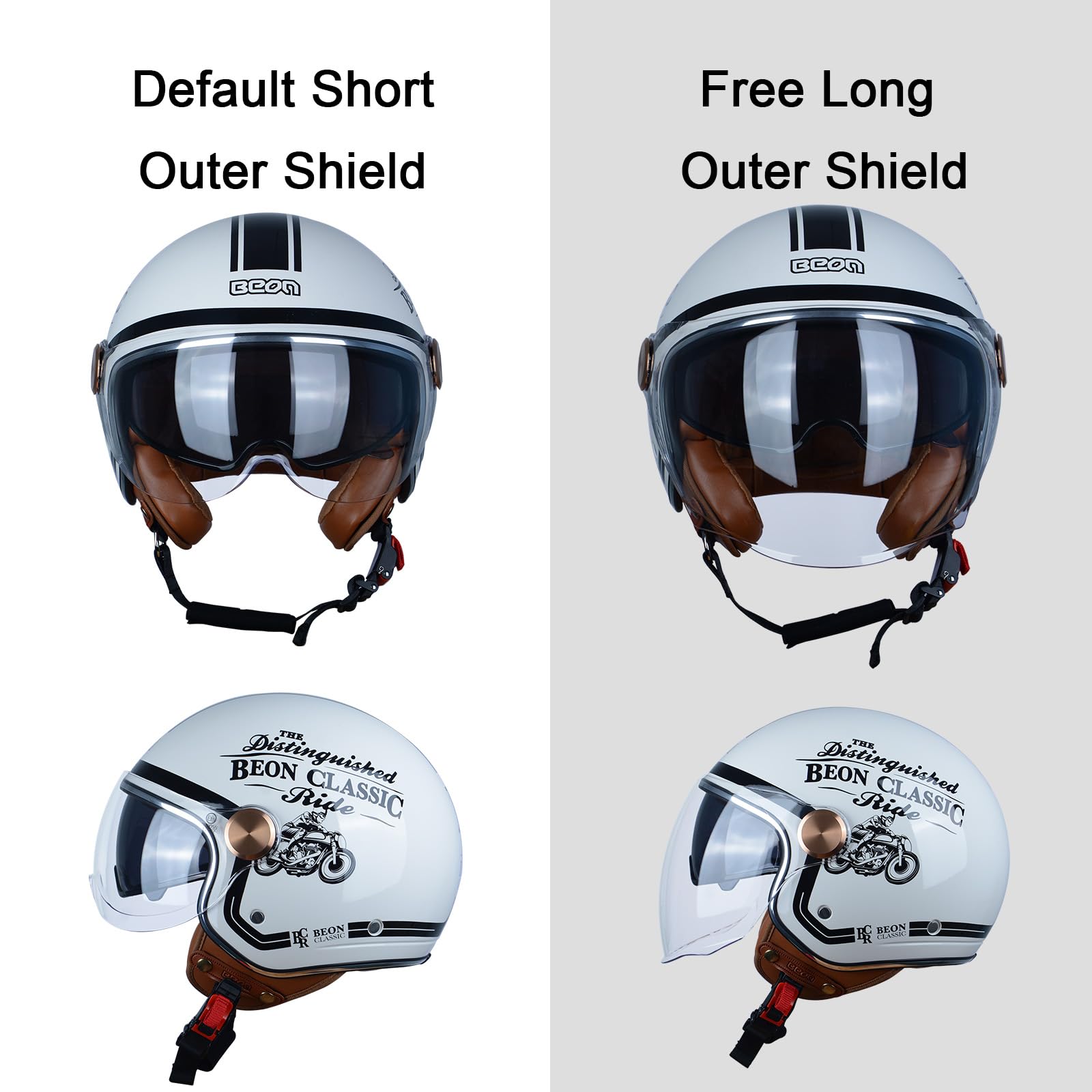 BEON Open Face Motorcycle Helmet, DOT Approved, Medium, BCR Glossy White, ABS, Dual Visors for Men and Women, Retro Vespa Style
