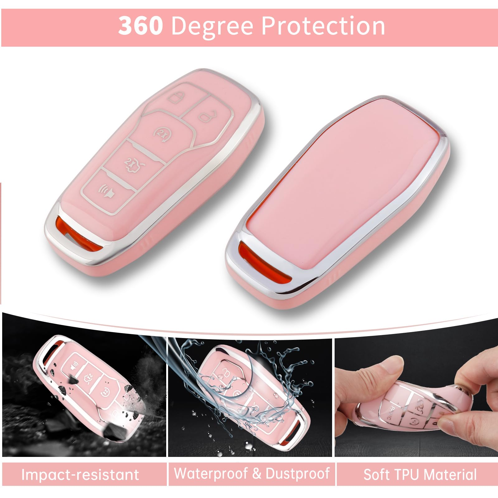 Pangpai Pink Key Fob Cover for Ford, Soft TPU Key Case Protection with Bling Keychain Fit for F150 Explorer Mustang Edge Lincoln