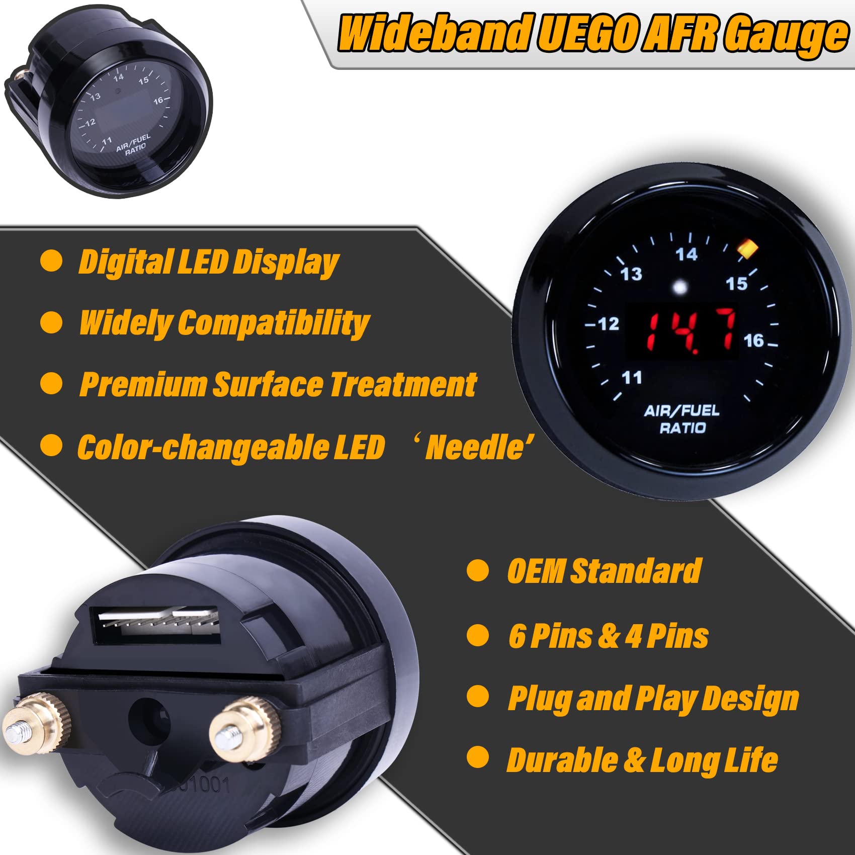 Wideband UEGO Air/Fuel Ratio Gauge 52mm (2-1/16   ) with 4.9 LSU Sensor, Digital AFR Controller Gauge, Wideband O2 Control Senso