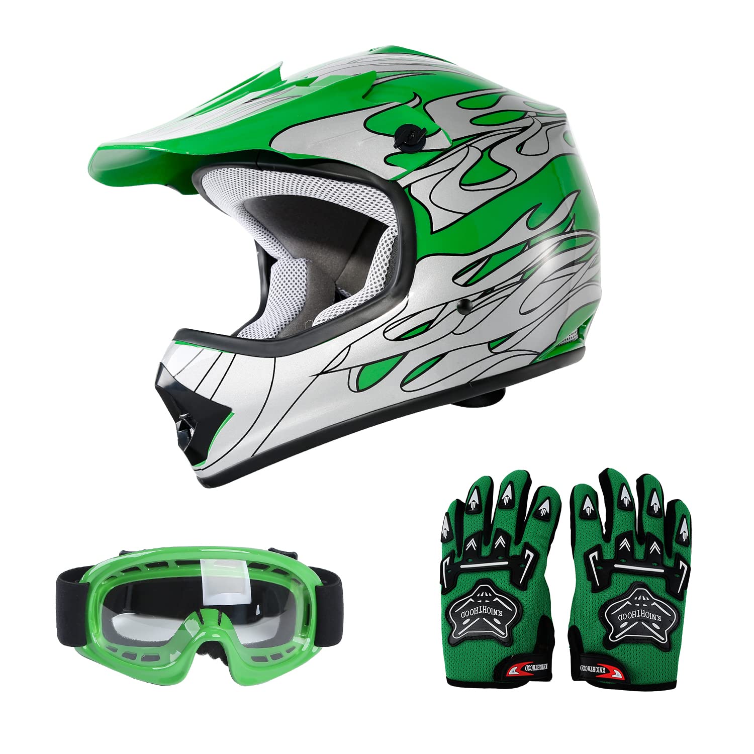 Slmoto Dot Youth Kids Helmet Motocross Offroad Street Helmet Motorcycle Helmet Dirt Bike Motocross Atv Green Flame Design Helmet+Goggles+Gloves Small