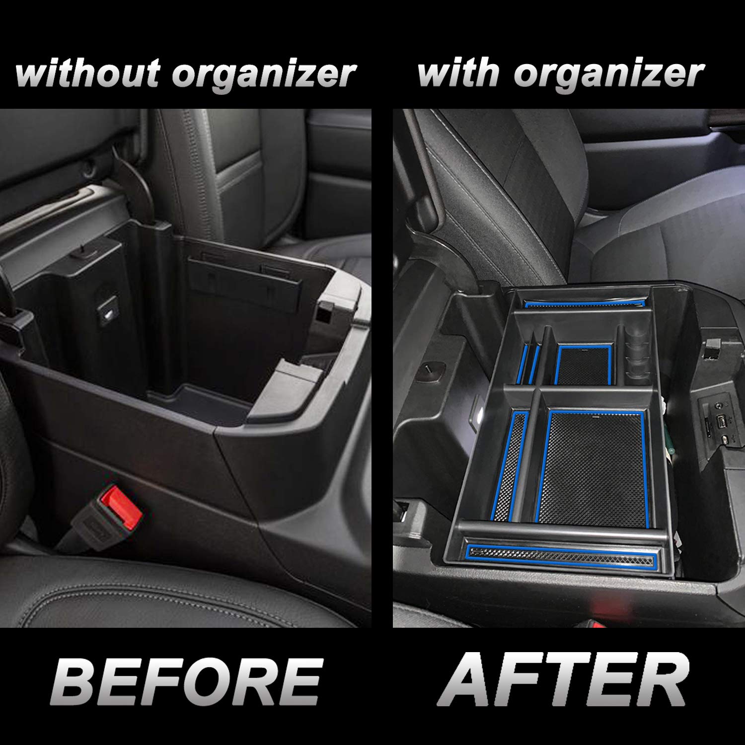 Jkcover Center Console Organizer Tray Compatible With (2019-2022) Chevy Silverado 1500/Gmc Sierra 1500 And 2020-2023 Silverado/Sierra 2500/3500 Hd - Full Console W/Bucket Seats Only (Blue Trim)
