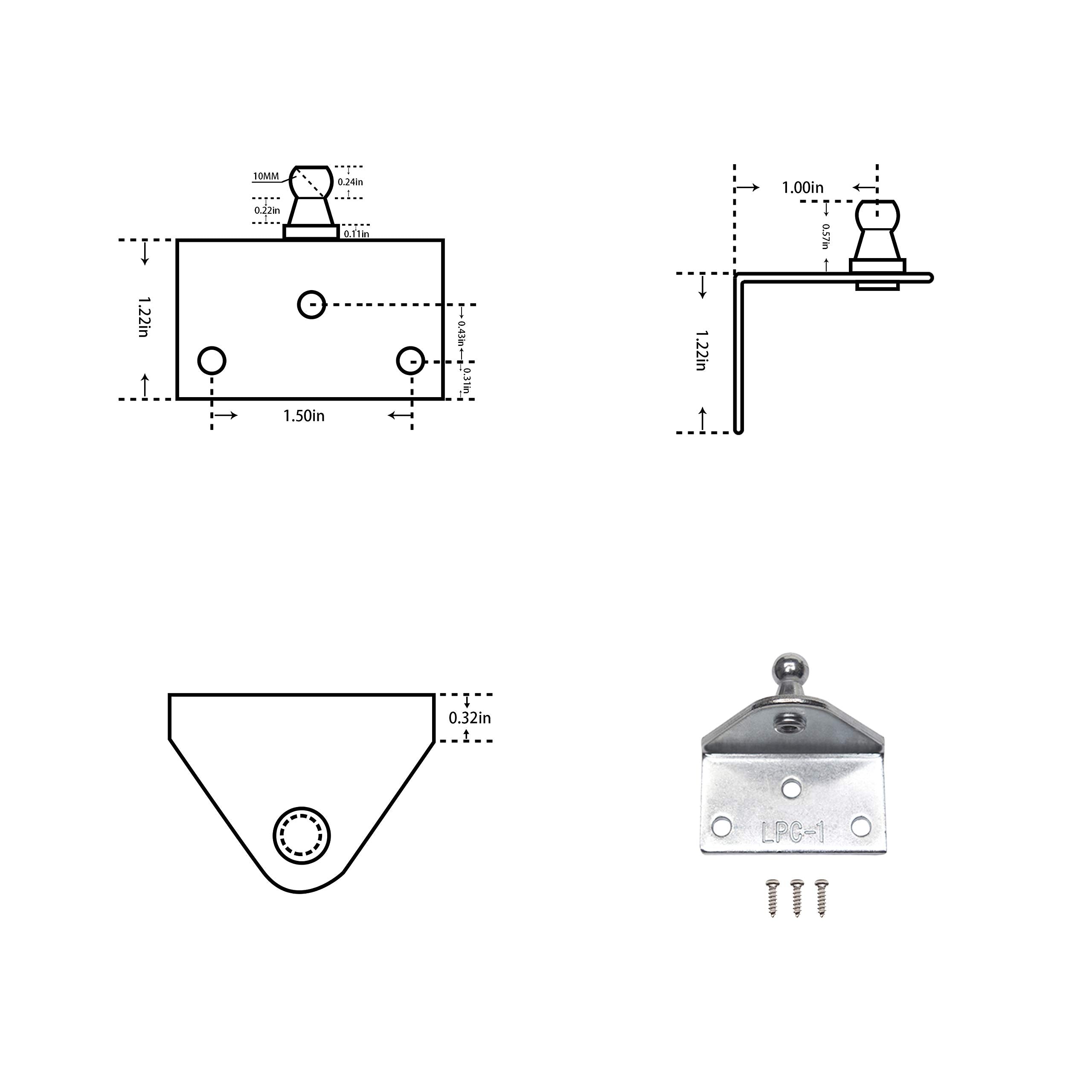 Beneges 4 Pcs 10Mm Ball Stud Mounting Brackets With Screws Universal Gas Spring Lift Support Strut Force Per Set 112.4 Lbs / 500