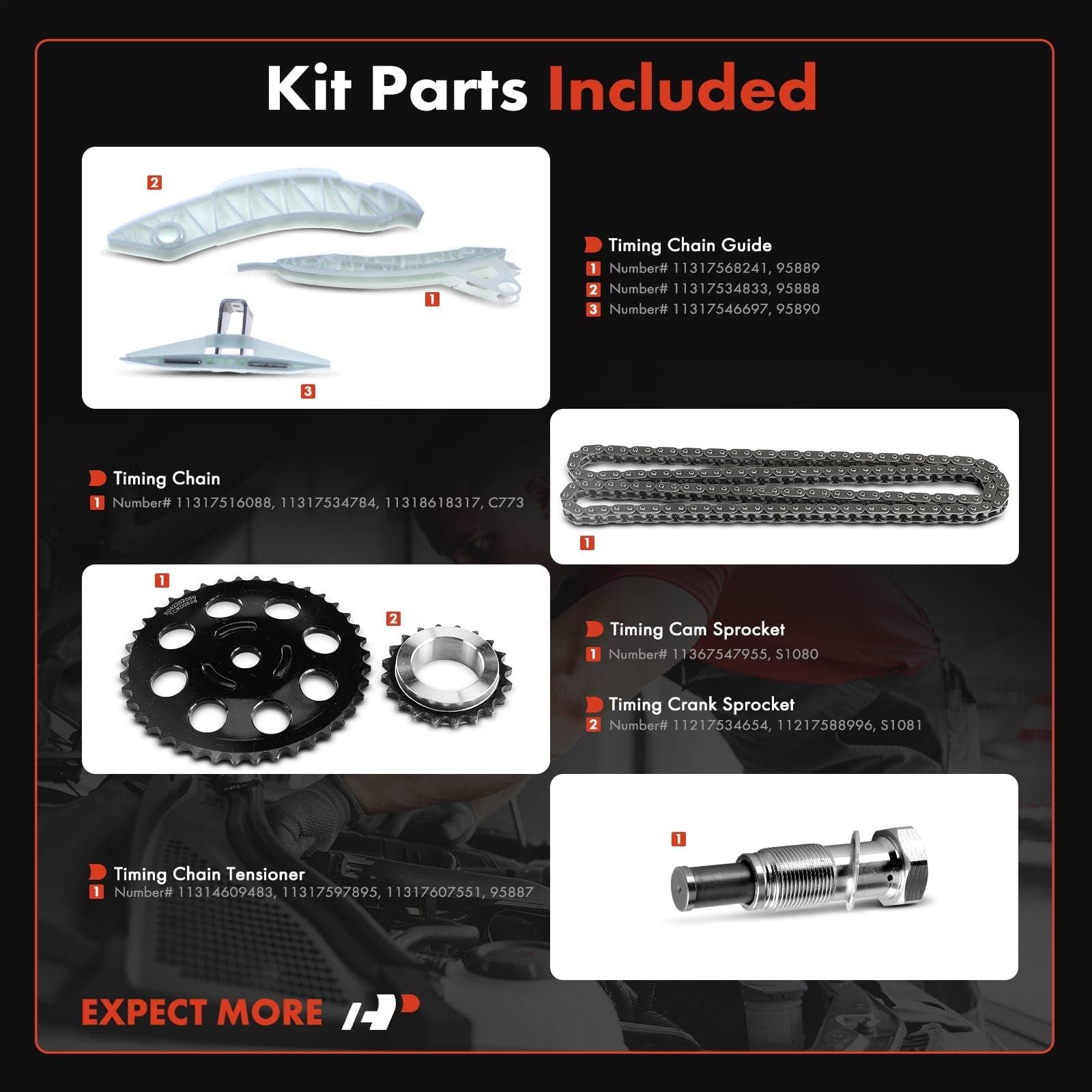 A-Premium Engine Timing Chain Kit W/Tensioner & More [fits DOHC, 4Cyl 1.6L] Compatible with Mini Cooper [R56 Series] 2007-2012,
