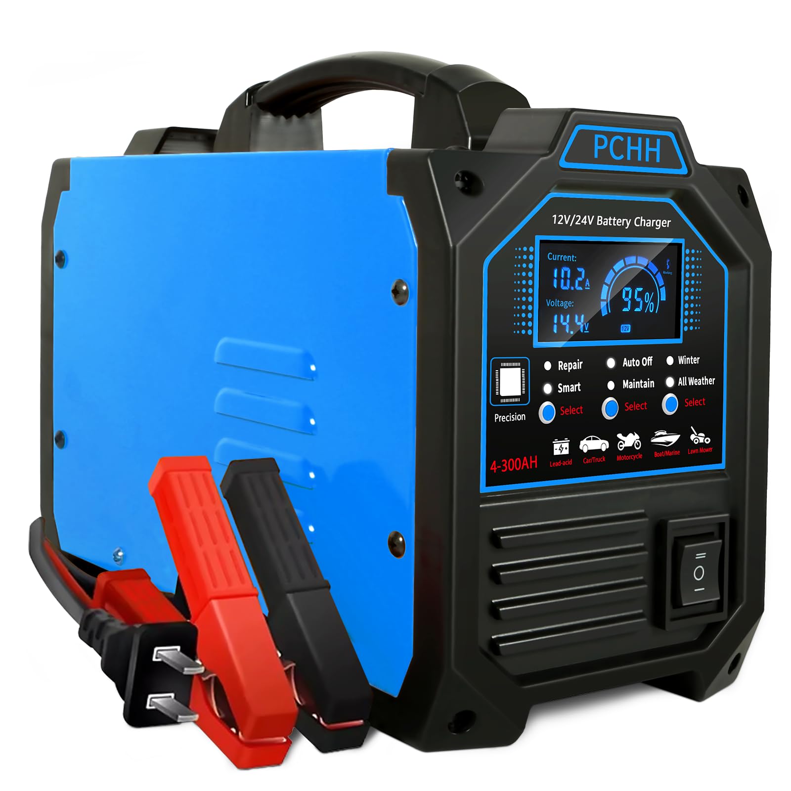 PCHH 12V 24V Car Battery Charger Heavy Duty, 015A Automatic Battery Maintainer, Smart Trickle Charger with Auto Shutoffs, Repai
