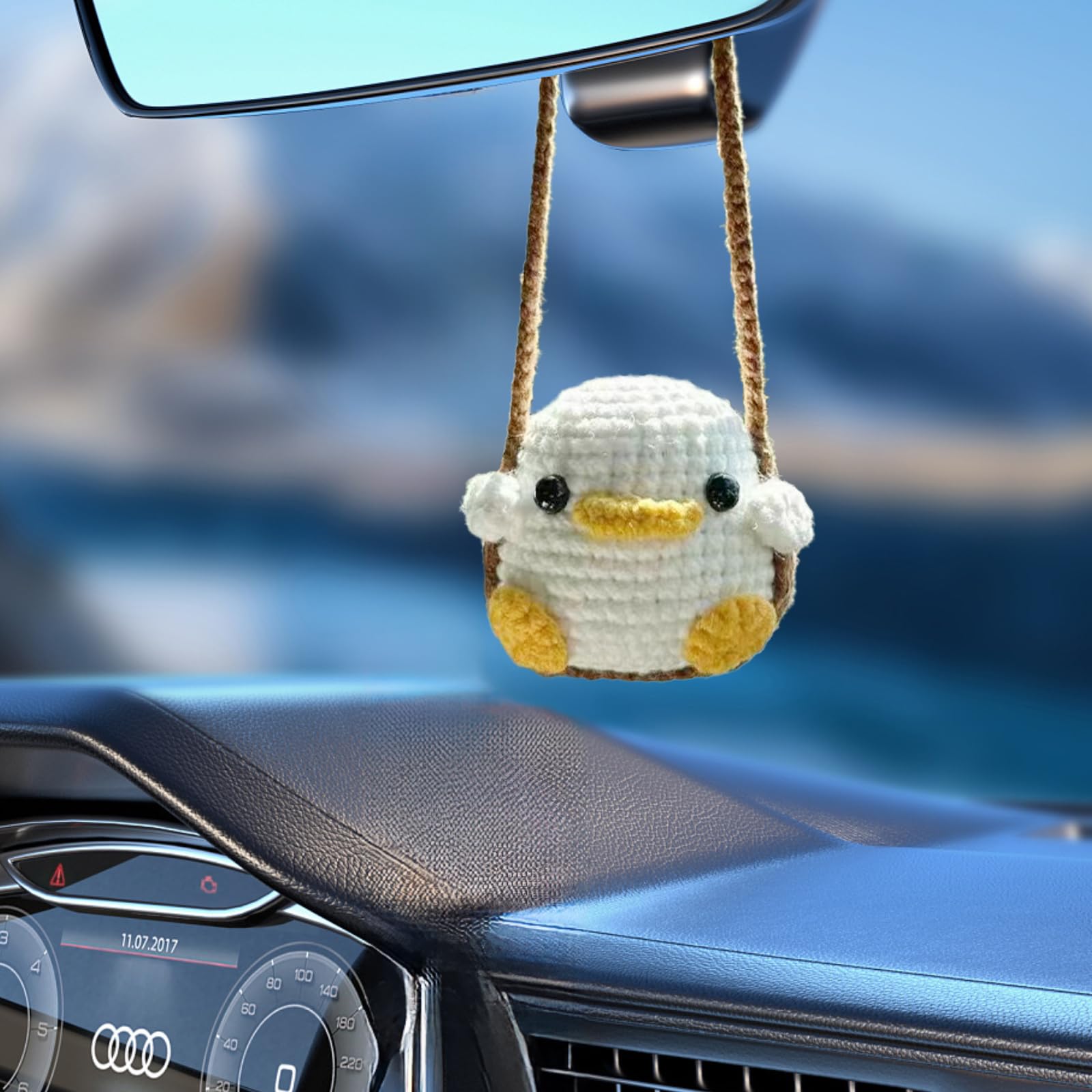 Crochet Swinging Duck Car Mirror Hanging Accessories, Cute Car Decorations For Women Aesthetic, Handmade Knitted Rearview Mirror