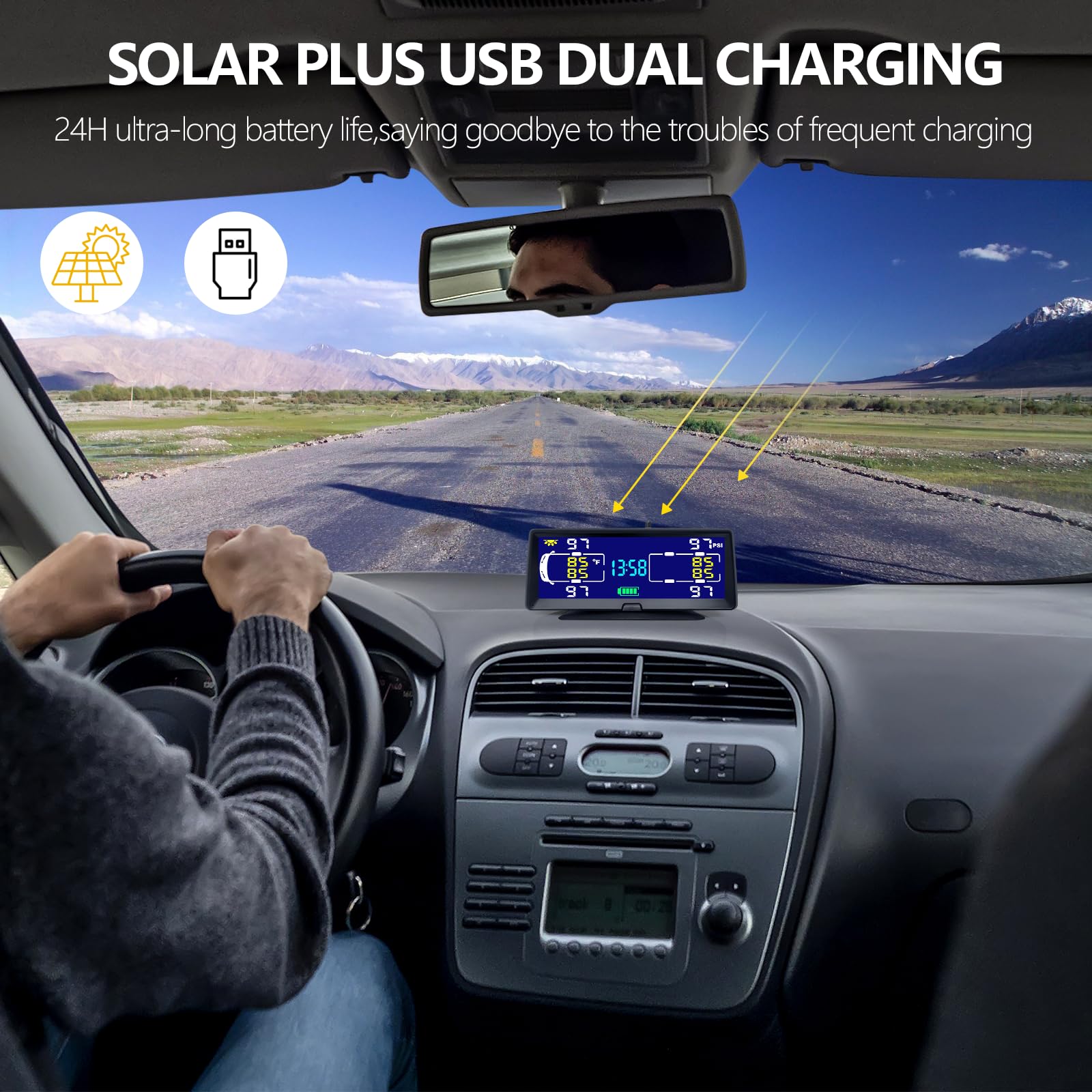 Hieha Tire Pressure Monitoring System - 7.84” Wireless Solar TPMS with 4 Sensors for RVs, Trucks, and Trailers, Real-time Pressure & Temperature Monitoring