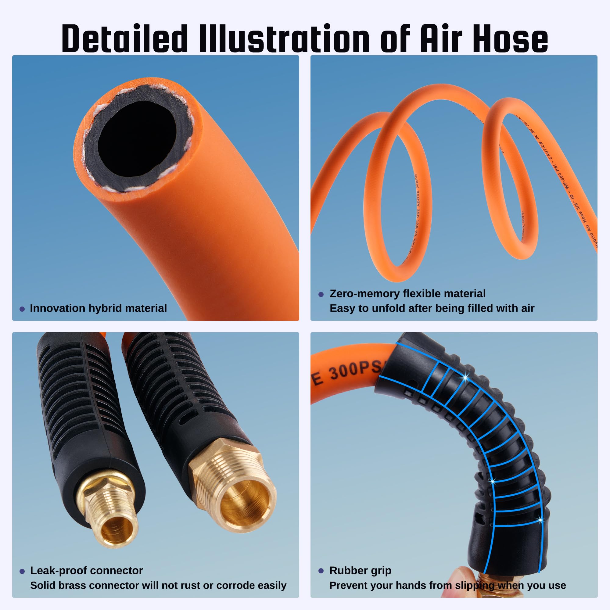Dazakoot Truck Tire Inflator Kit - 3/8” x 50FT Hybrid Air Hose, 1/4" Chuck, 1/2" NPT Gladhand, 350