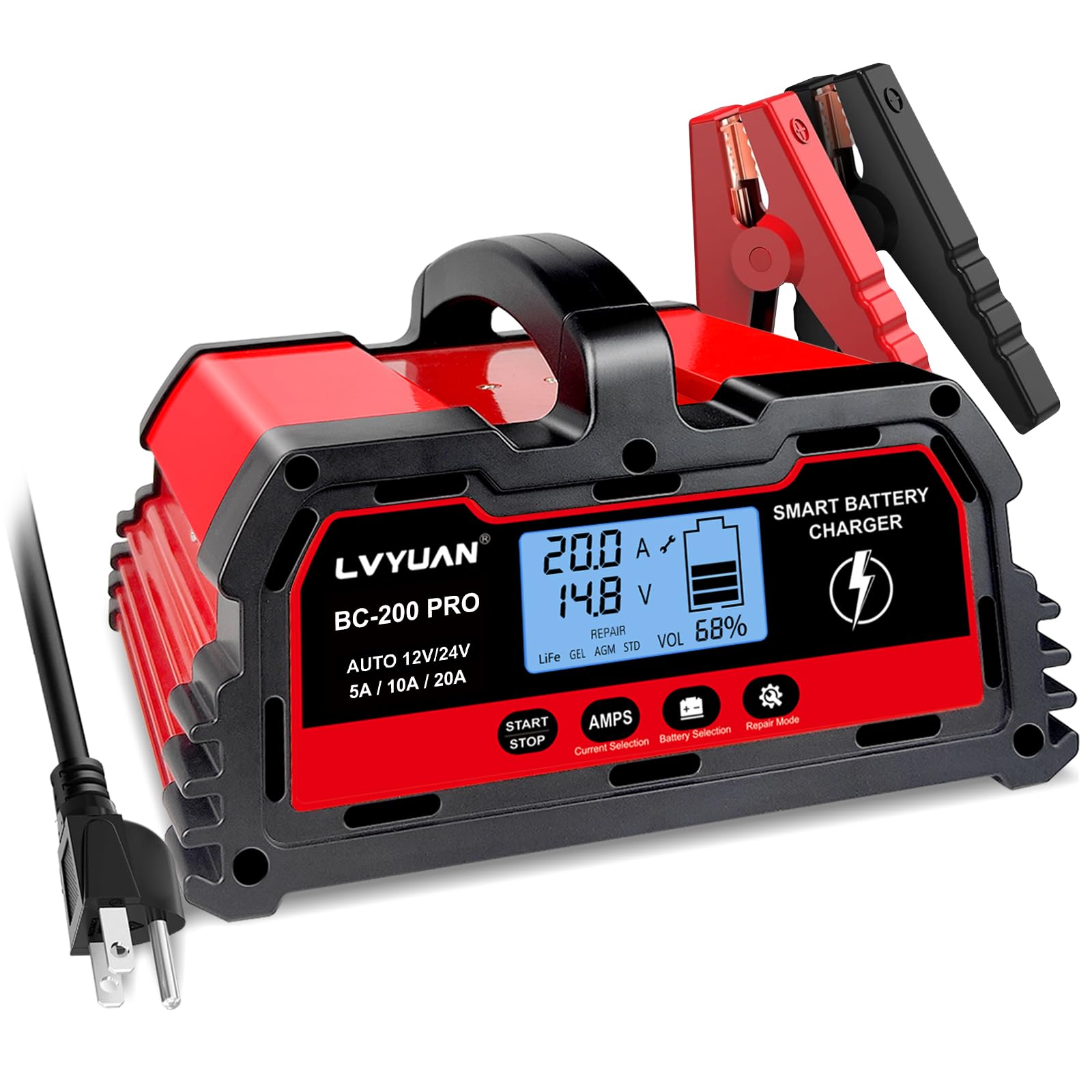 LVYUAN 20A 12V/24V Battery Charger, Smart Car Battery Charger with Trickle Charger, 12V LiFePO4 Charger,Car Battery Maintainer w