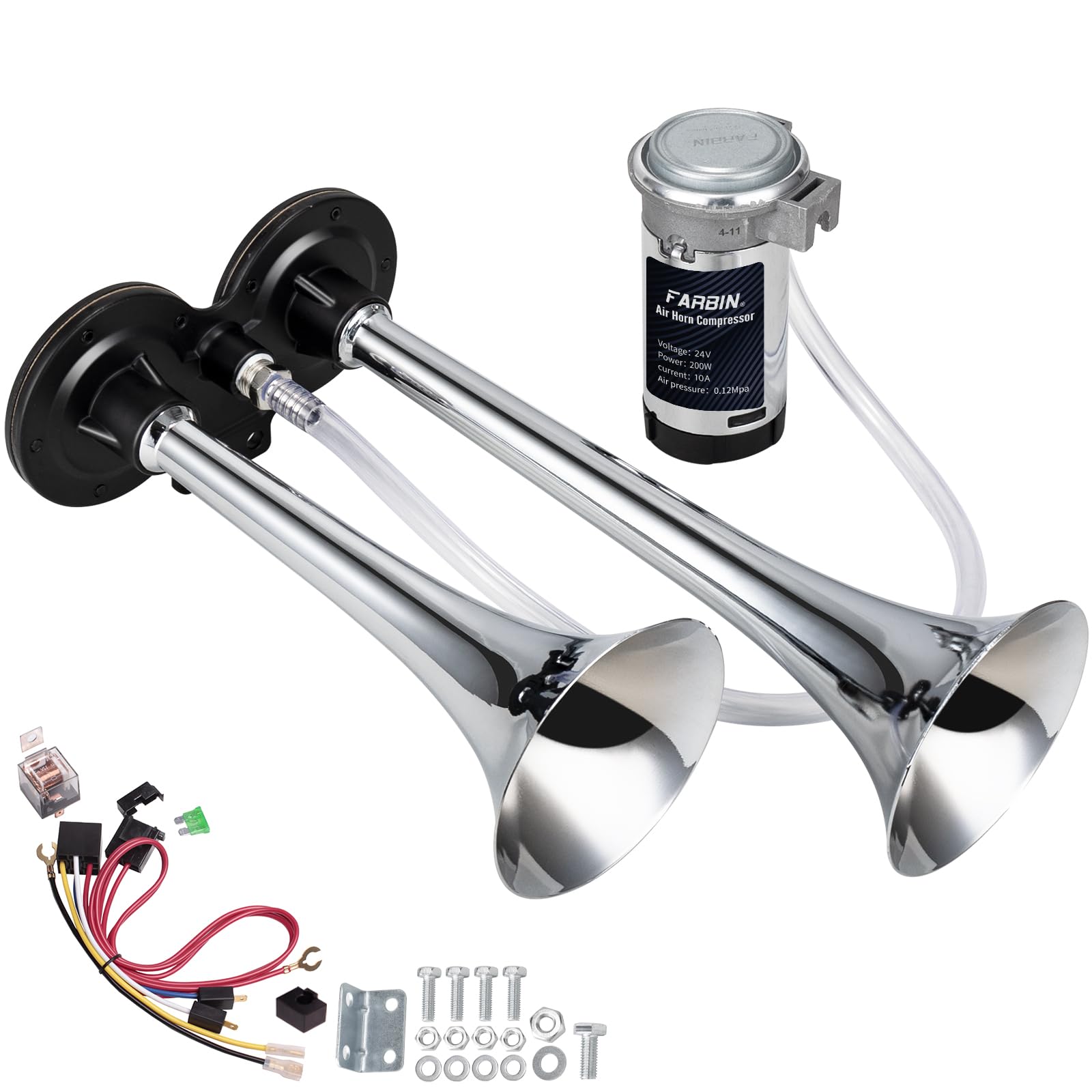 Farbin Car Horn 24V 150Db Super Loud Air Horn Kit, Chrome Zinc Dual Trumpet Train Horn With Compressor And Wire Harness, For Any