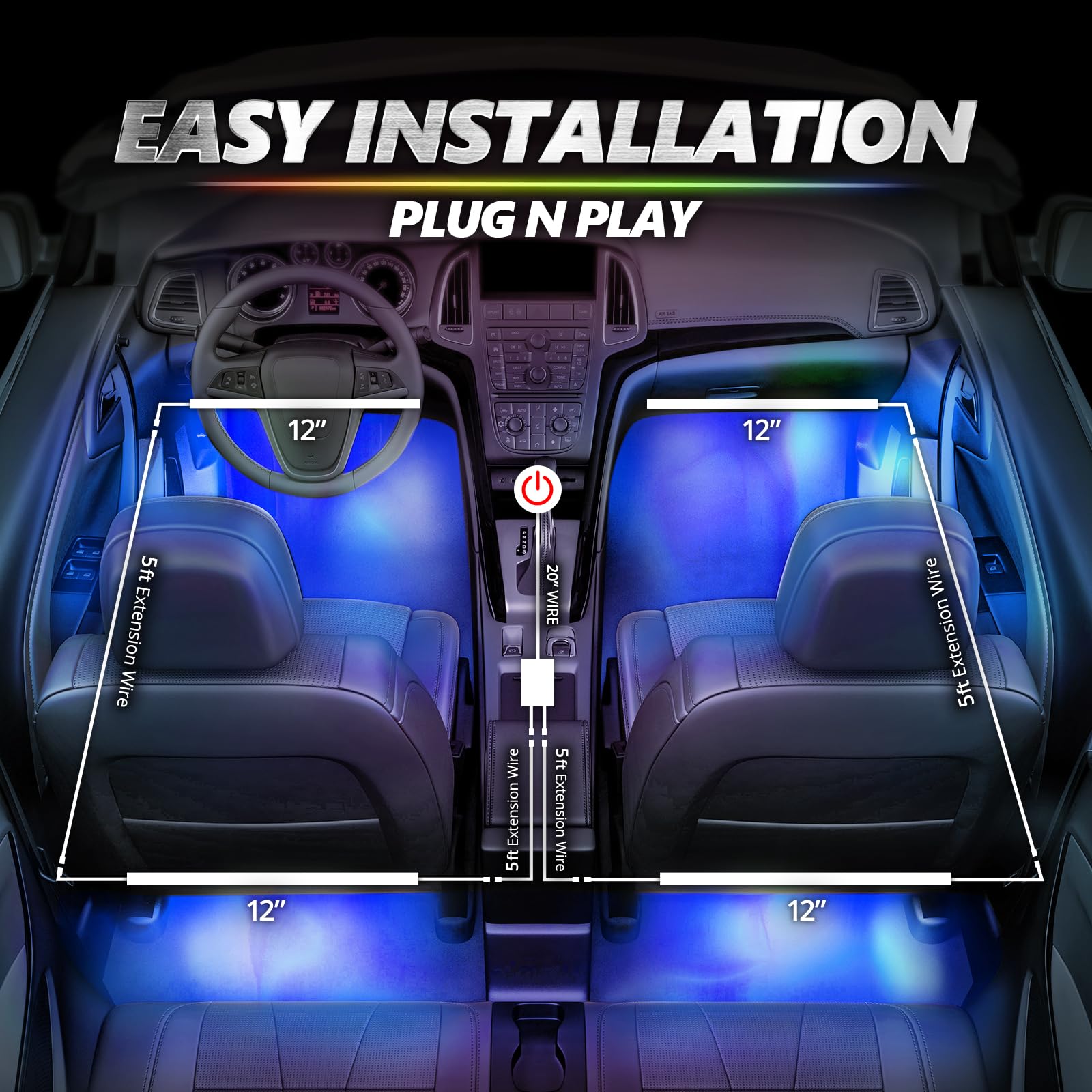 OPT7 Aura Pro LED Interior Car Strip Lights Kit, 4PC Double Row, RGB, Sound Active, APP & Remote Control, Silicone, 12V Charger