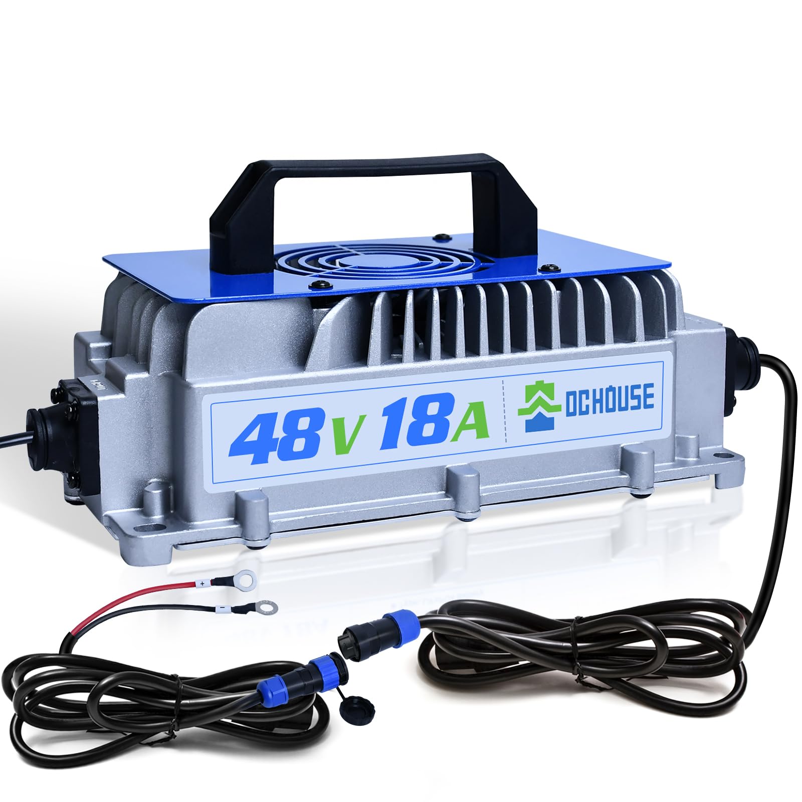 Dc House 48V 18A Lithium Battery Charger, 900W Fast Charger, Charging Efficiency = 93%, Ip65 Waterproof Anti-Fall With Cooling Fan, Suitable For 48V Golf Cart/Forklift/Ship Lithium Battery