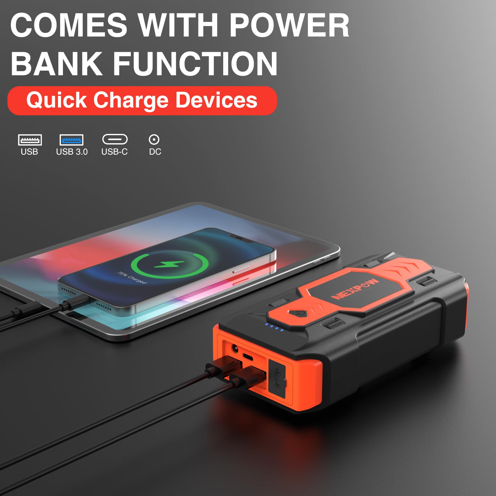 NEXPOW 2500A Car Jump Starter - 12V Battery Booster Pack with USB Quick Charge 3.0, 4 LED Modes, Orange, Model Q9B