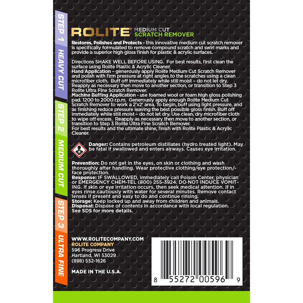Rolite Medium Cut Scratch Remover (8 fl. oz.) for Plastic & Acrylic Surfaces Including Marine Strataglass & Eisenglass, Headligh