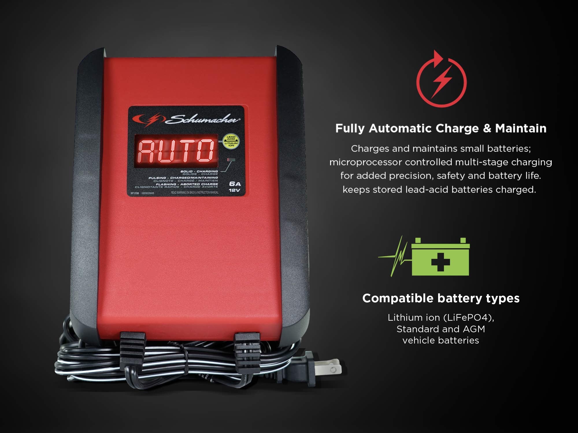 Schumacher SP1298 6 Amp Fully Automatic Battery Charger & Maintainer for Cars, Motorcycles, Lawn Tractors, Marine - Red