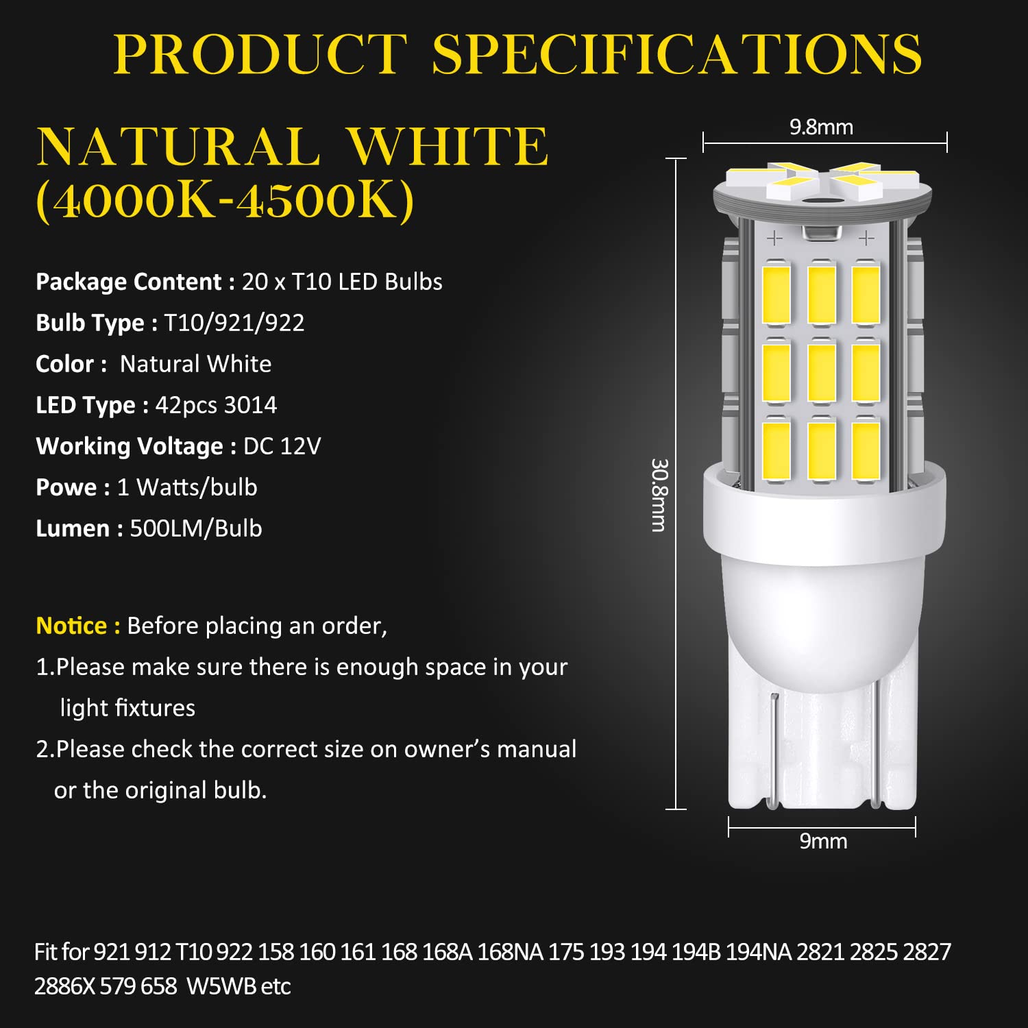 AOICANKI T10 LED Bulbs 20-Pack, Super Bright 3014 42-SMD, Natural White, 12V Replacement for RV, Camper, Boat, Dome, License Lights