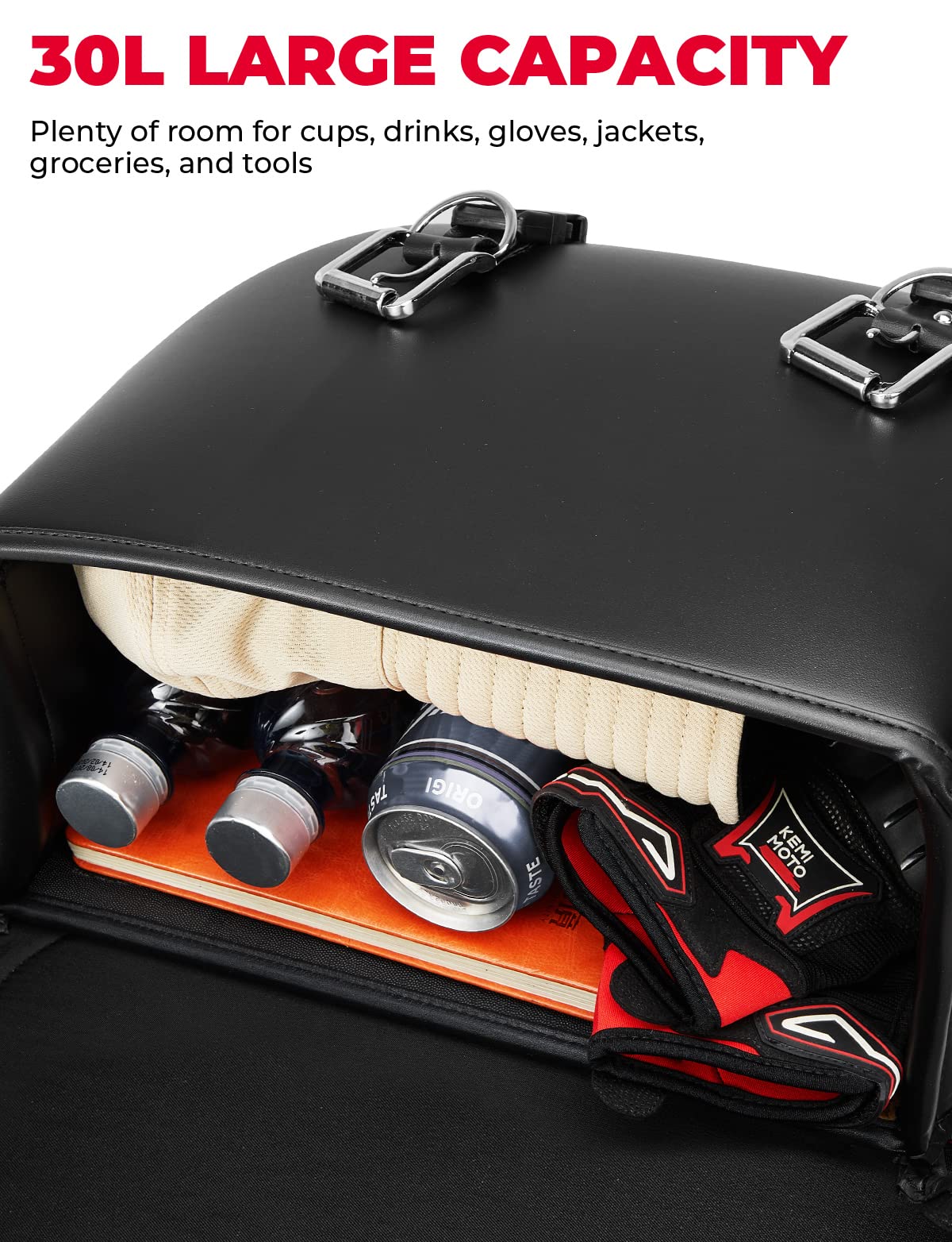 KEMIMOTO Motorcycle Saddlebags, 30L PU Leather Luggage Bag, Large Size, Black, Model MK-BAG01201BK, Universal Fit for Sportster, Softail, D