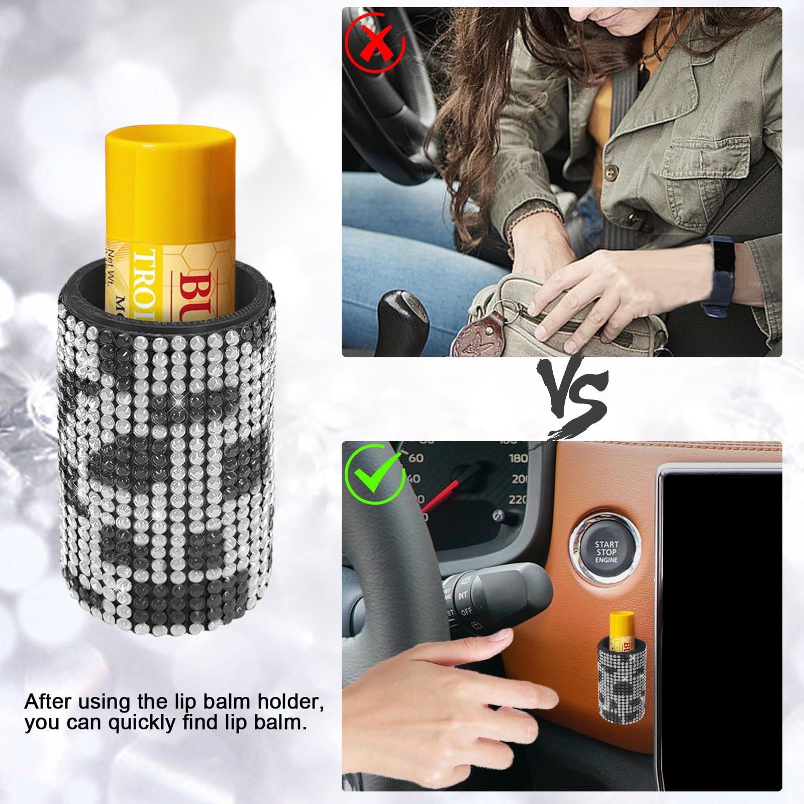 xbrtaia 1 Pack Upright Car Chapstick Holder, Bling Insulating Lip Balm Holder,Rhinestone Car Accessories for Women Interior ,Sui