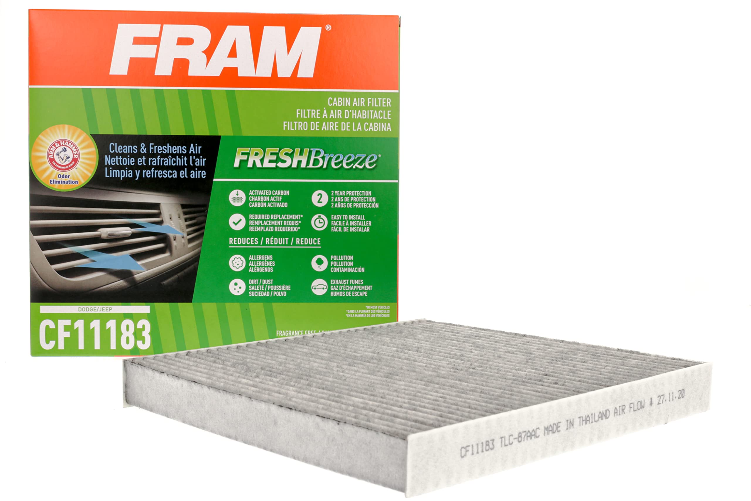 FRAM Fresh Breeze Cabin Air Filter Replacement for Car Passenger Compartment w/ Arm and Hammer Baking Soda, Easy Install, CF1118