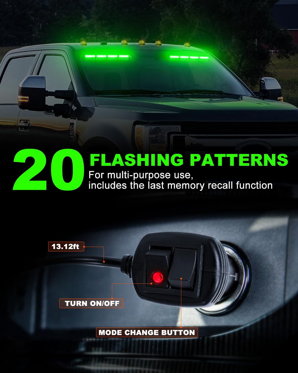 HLauto Emergency Strobe Lights - 16.8" Green LED Traffic Light Bar for Trucks, ABS Case, Model CA-6Z4J GG