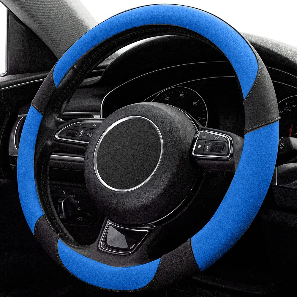 Xizopucy Black And Blue Microfiber Leather Steering Wheel Cover,Universal 15 Inch Steering Wheel Covers For Car Truck Suv,Breath