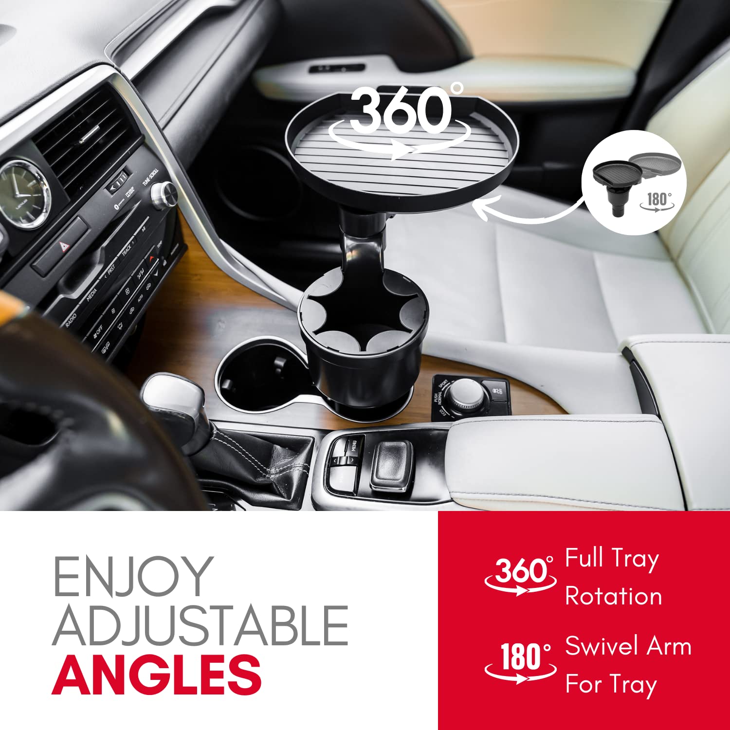 Macally Car Cup Holder Tray - 9" Food Tray & Drink Holder - Black, Pro Size, Fits Yeti & Hydroflask, Model MCUPEXPANDER