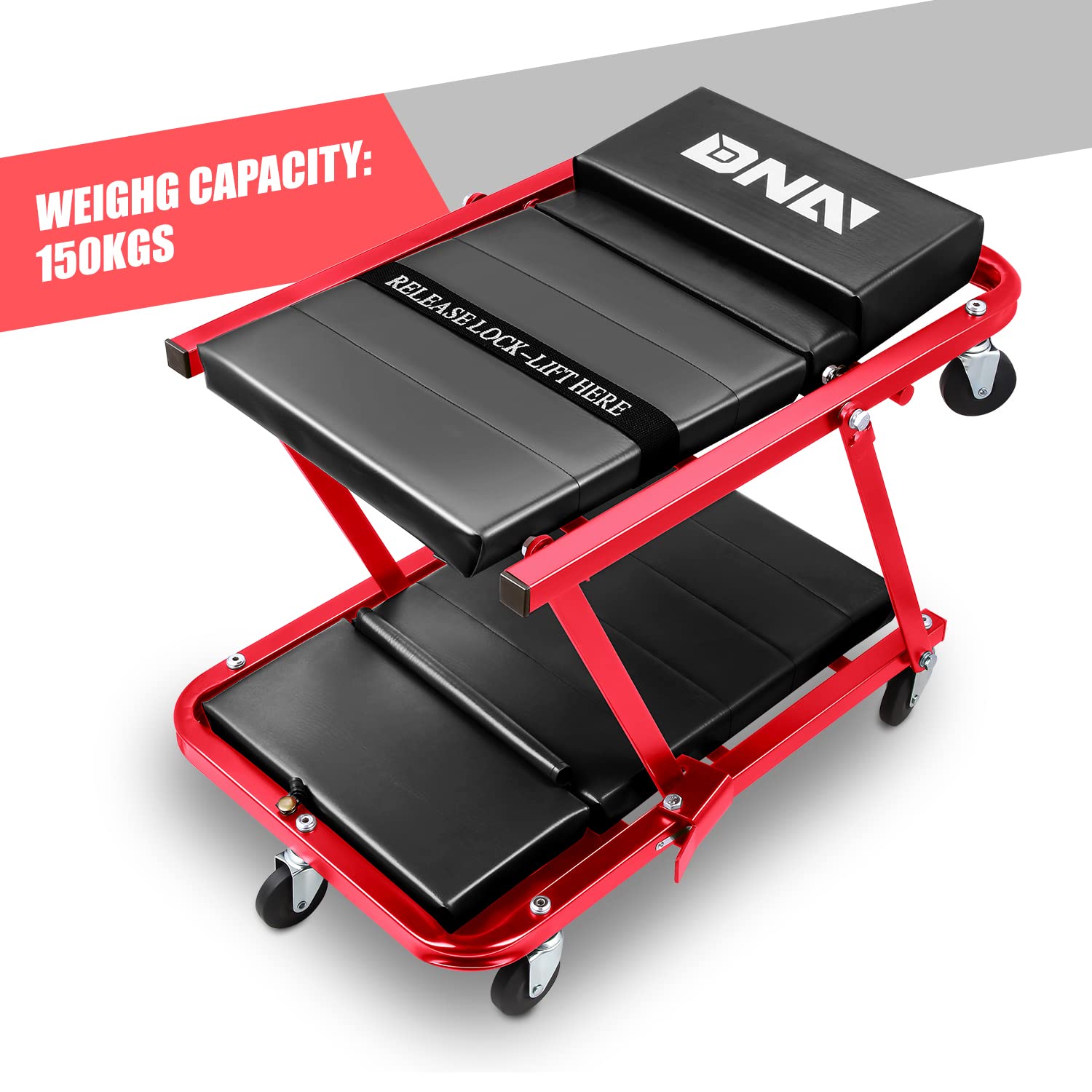Dna Motoring Tools-00193 48'' 2 In 1 Folding Rolling Garage Shop Creeper Roller Seat, 7 Pcs 2'' Casters, 350 Lbs Weight Capacity