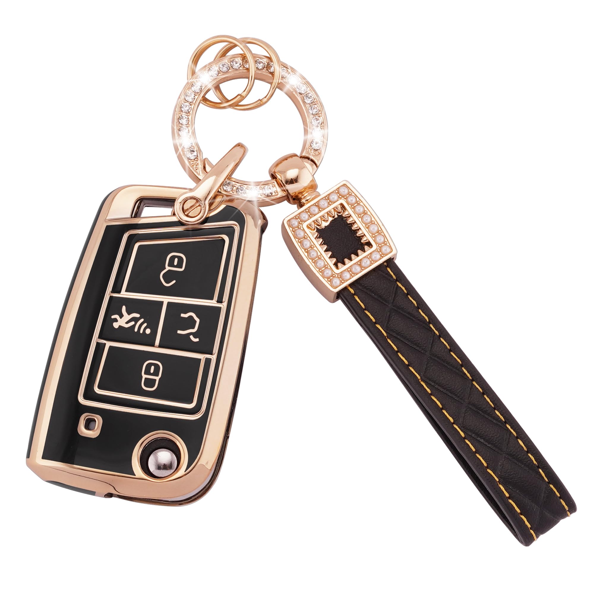 Ekala Car Key Case Fit For Vw Volkswagen Golf Gti Golf Alltrack Altas Tiguan Jetta 4 Buttons Flip Folding Key Case Cover Soft Tpu Key Shells With Leather Keychain Lanyard Black Gold (Bp-Vlw-4B)