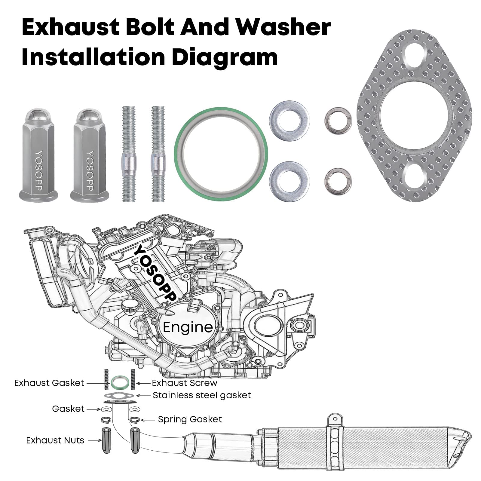 YOSOPP GY6 Exhaust Bolt Nuts Exhaust Gasket for Scooters ATVs GMB139 Engine Moped Quad 4 Wheeler Dune Buggy Go Karts Taotao Sunl