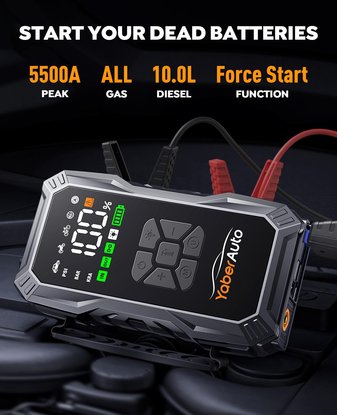YaberAuto 10-in-1 Jump Starter & Air Compressor 6000A, 150PSI - Portable Car Battery Jump Box with Jumper Cables & Light