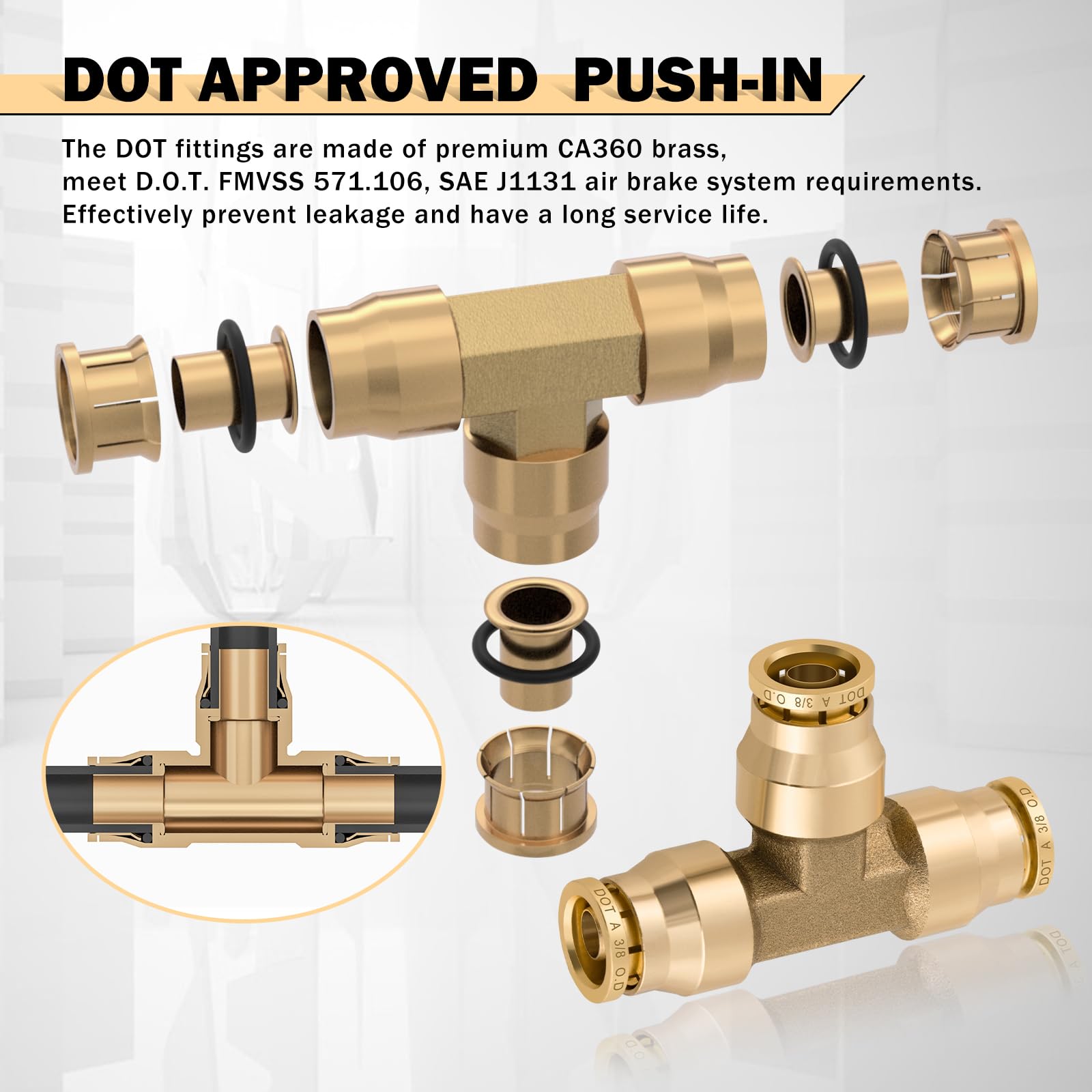 Cheemuii 43 Pcs Brass Dot Air Brake Line Fittings 1/4'' 3/8'' 1/2'' Push To Connect Fittings Quick Connect & Npt Thread Tube Air