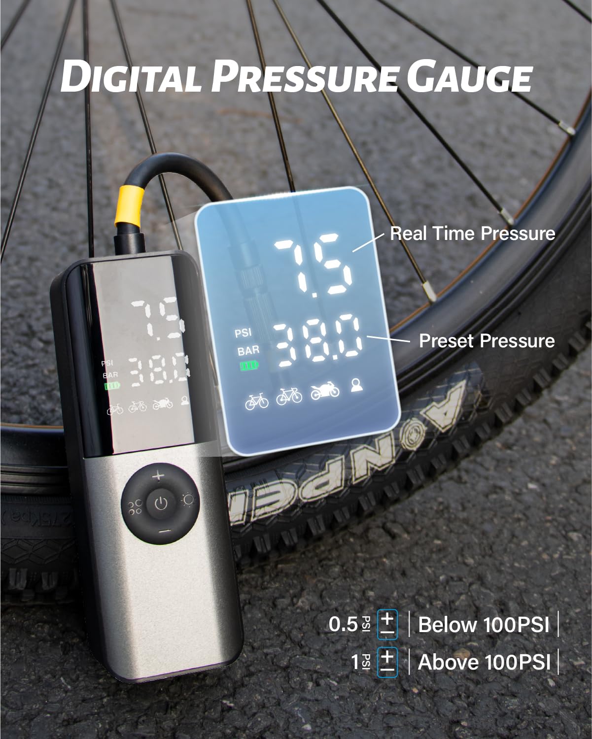 GPUTEK Mini Electric Air Pump 150Psi Portable Bicycle Tire Pump with Digital Gauge, Black and Gray, Model BG01