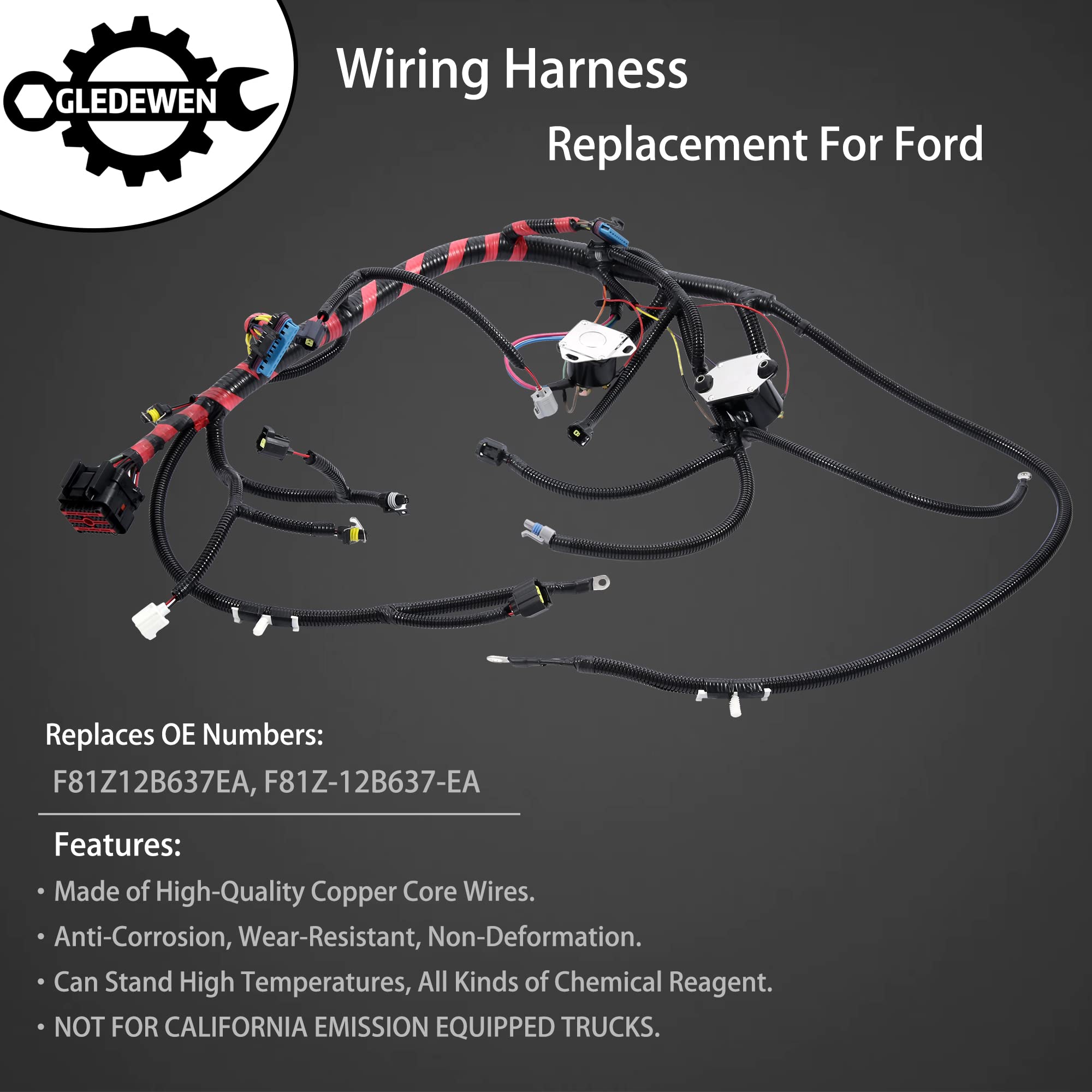 Gledewen Engine Wiring Harness for 1999-2001 Ford Super Duty & Excursion, Copper, F81Z-12B637-EA, Black