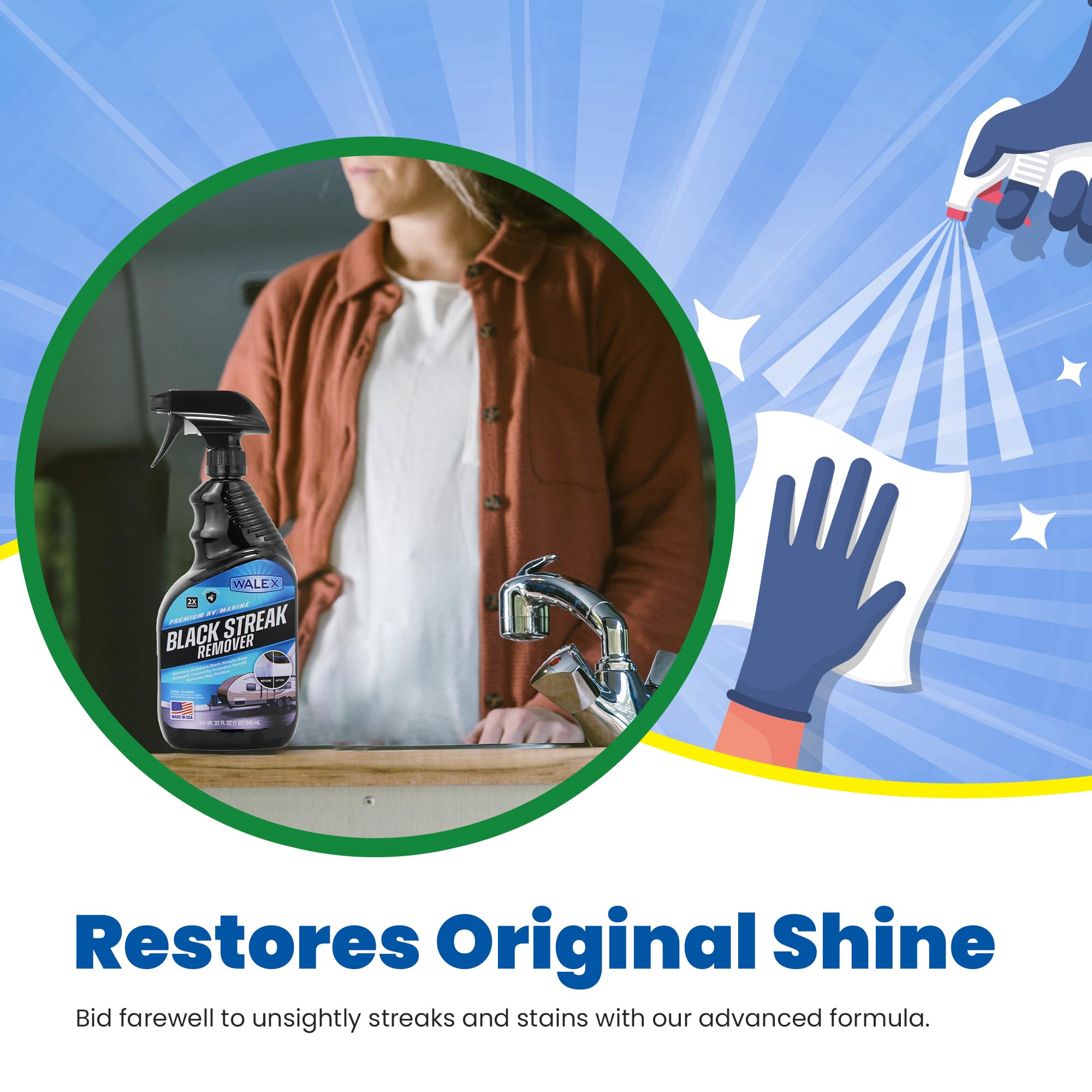Walex Premium RV/Marine Black Streak Remover - Powerful Exterior Cleaner for RVs, Campers, and Boats, Restores Original Shine, R