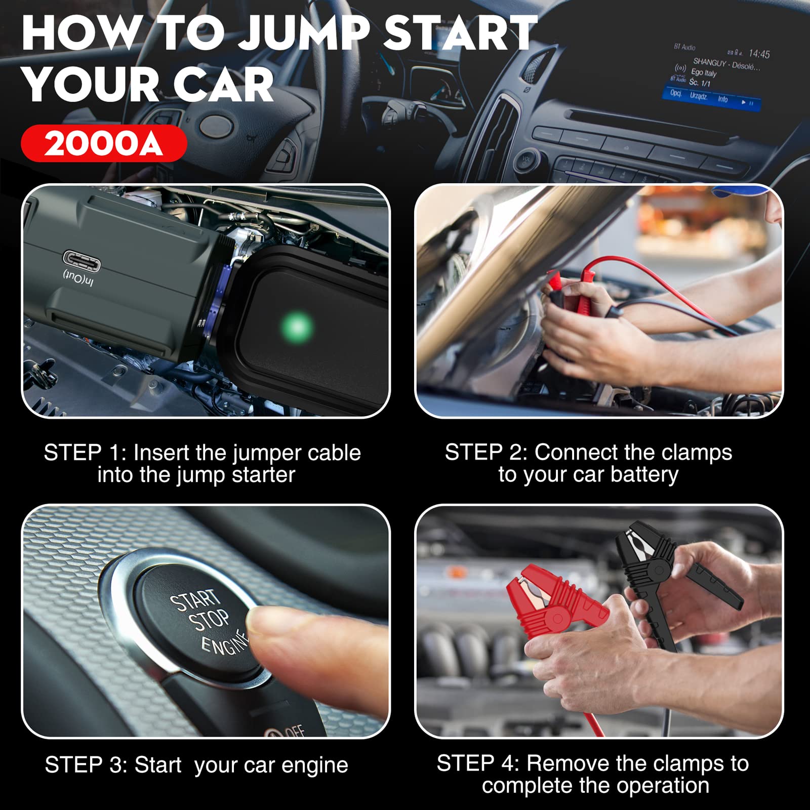 NEXPOW 2000A Peak Car Battery Jump Starter, USB Quick Charge 3.0, 12V Portable Booster, Gray, Model G17