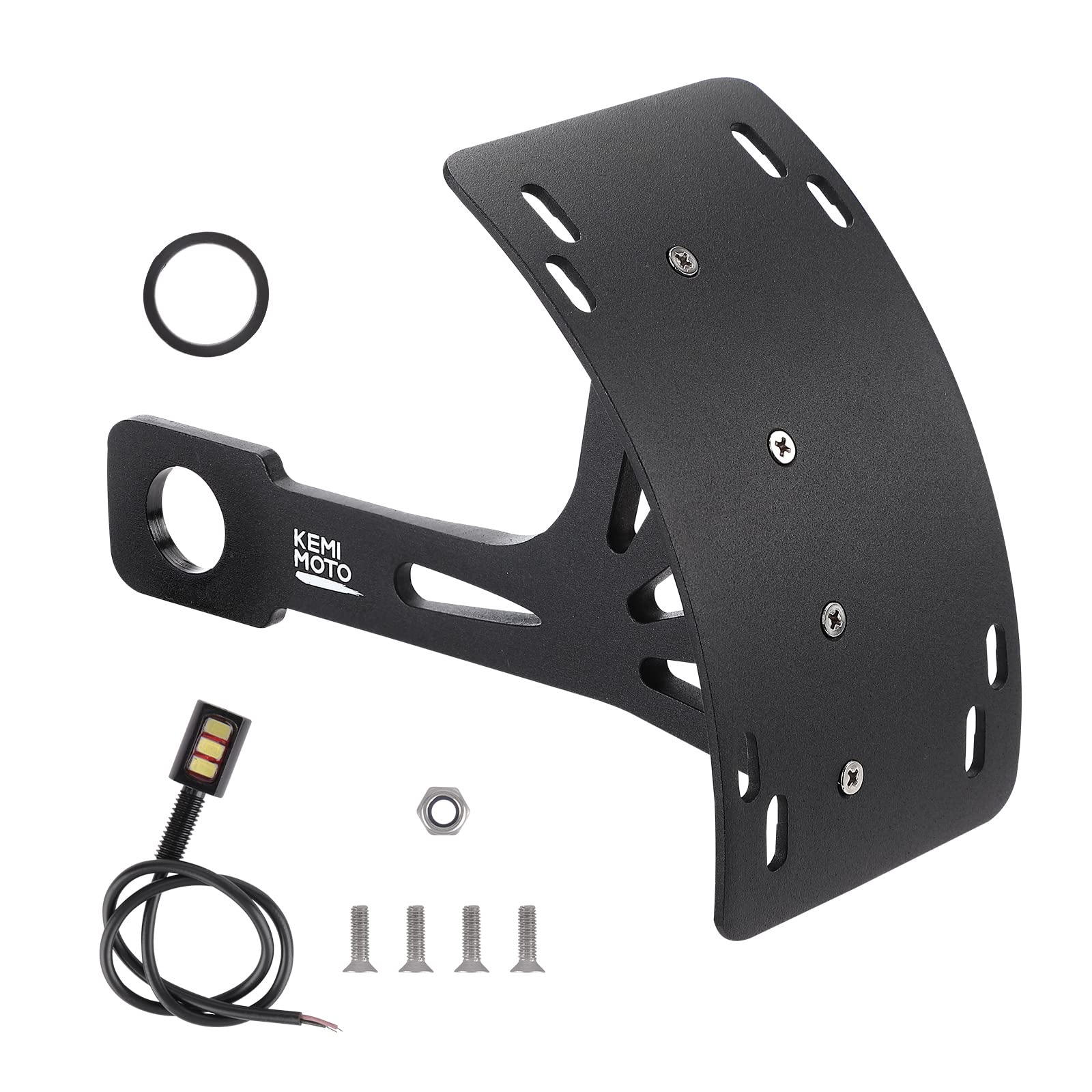 KEMIMOTO Universal Curved Motorcycle License Plate Holder - Black Metal Design