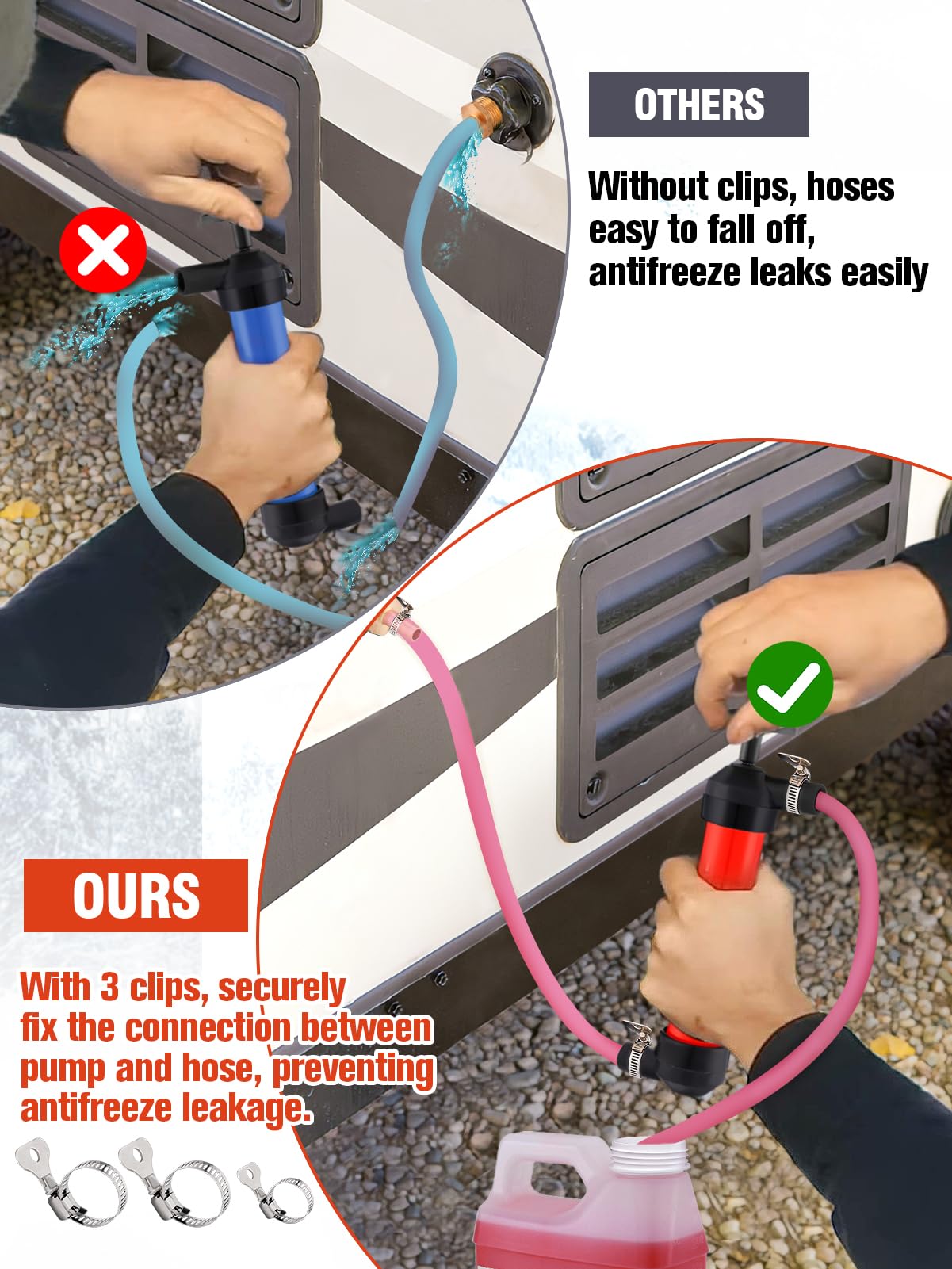 MADHOLLY Antifreeze Siphon Hand Pump Kit - Red Plastic Fuel Transfer Pump for Gas, Oil & Liquids - RV Winterizing Kit, Includes 3 Leak-proof Clamps