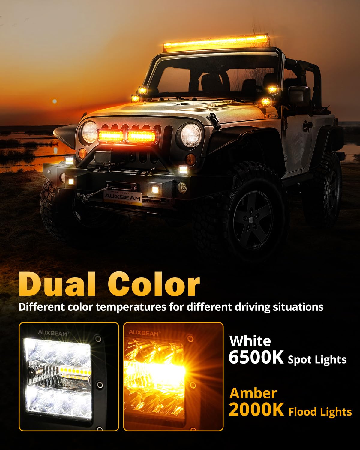 Auxbeam 3-Inch LED Amber Light Pods, 72W Strobe Bar, Dual Color Amber White, Polycarbonate, Model ZDVE000650-FBA