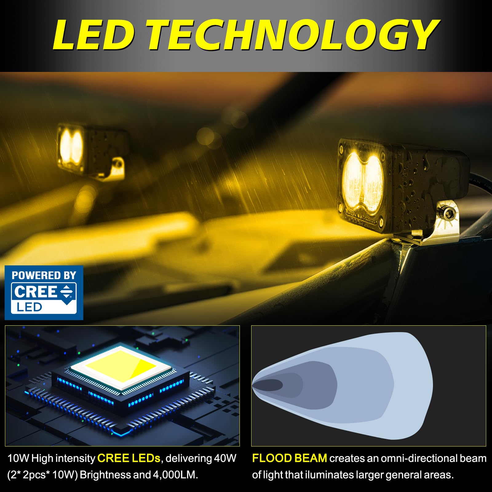 AKD Part 3 Inch Amber LED Pods, 40W CREE Flood Fog Lights for Truck, SUV, UTV, ATV, Motorcycle - Durable Aluminum Construction