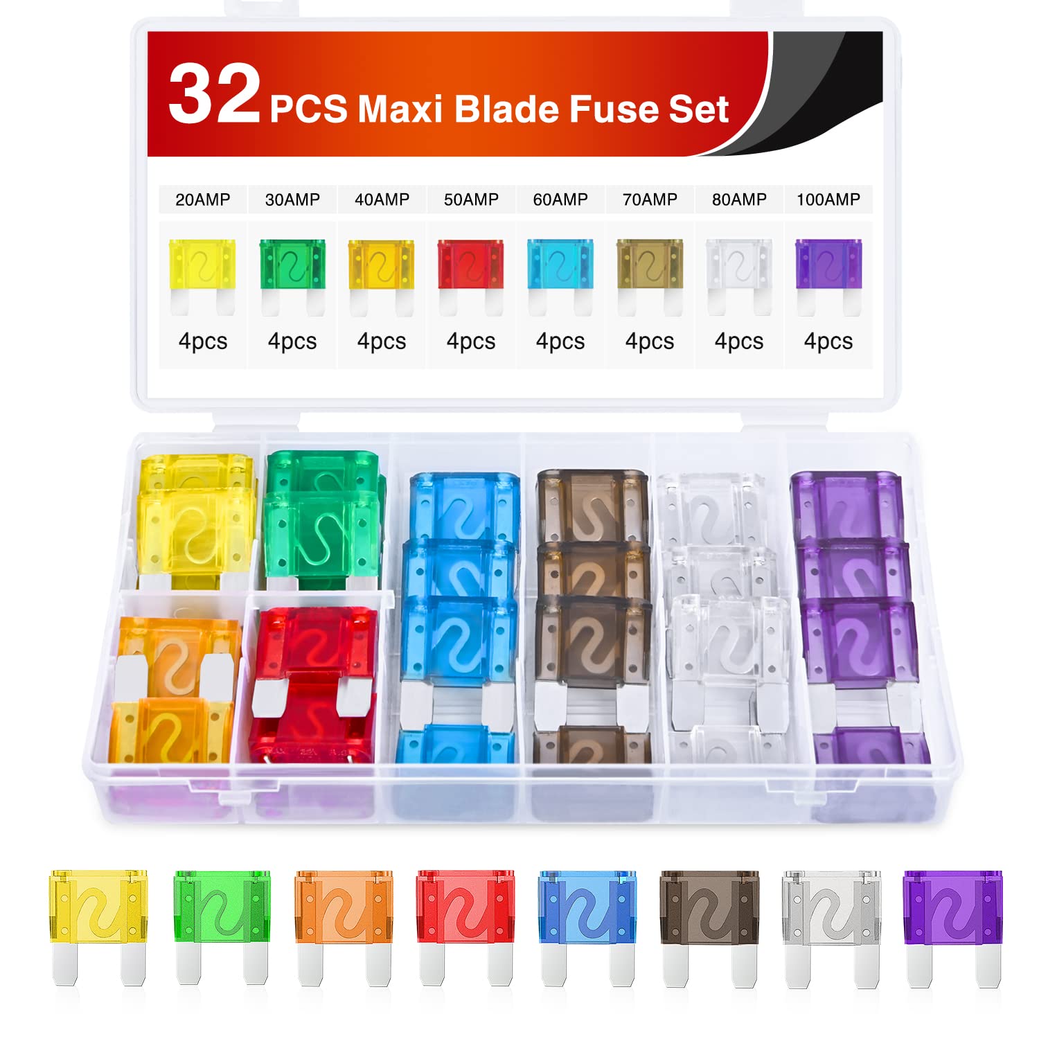 Nilight 32 Pcs Blade Fuses Maxi Apx Replacement Fuses 20A 30A 40A 50A 60A 70A 80A 100Amp Assortment Kit For Cars Trucks Rvs Boat