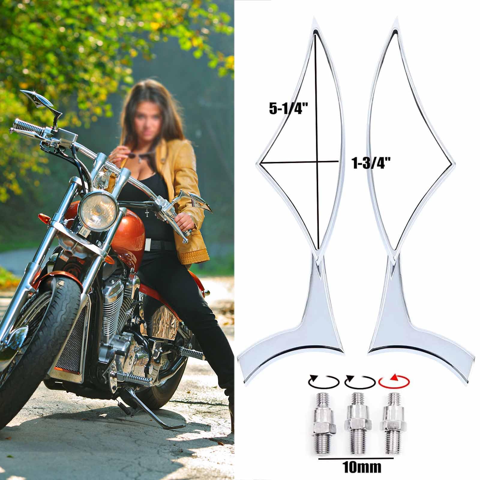 Rich Choices Chrome Motorcycle Blade Side Mirrors - 8mm/10mm CNC Aluminum for Cruiser, Chopper, Street Bike, Scooter, Dirt Bike