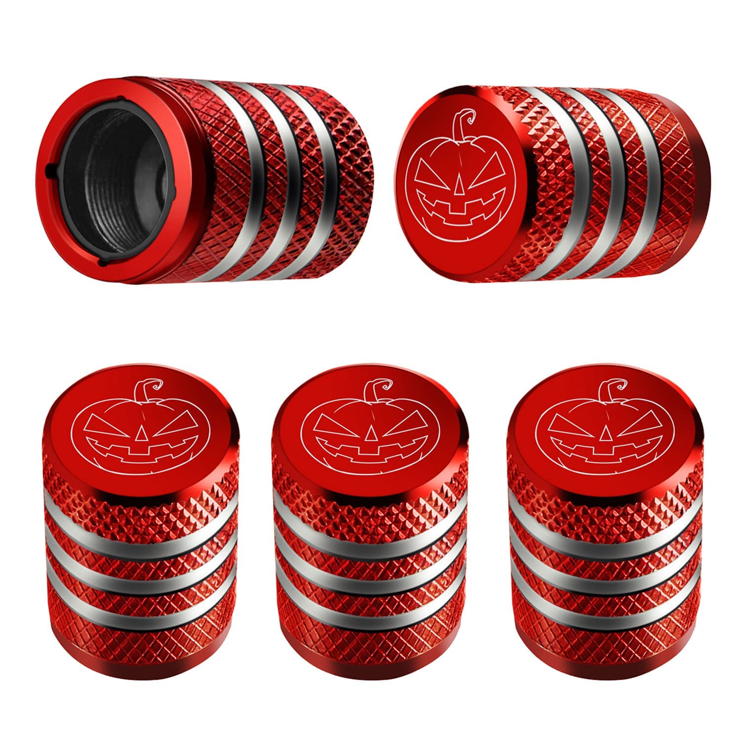 Tire Valve Stem Cap Cover - (5 Pack) Tire Air Cap Metal With Plastic Liner Corrosion Resistant Leak-Proof Halloween Pumpkin Car Decoration Accessories Red