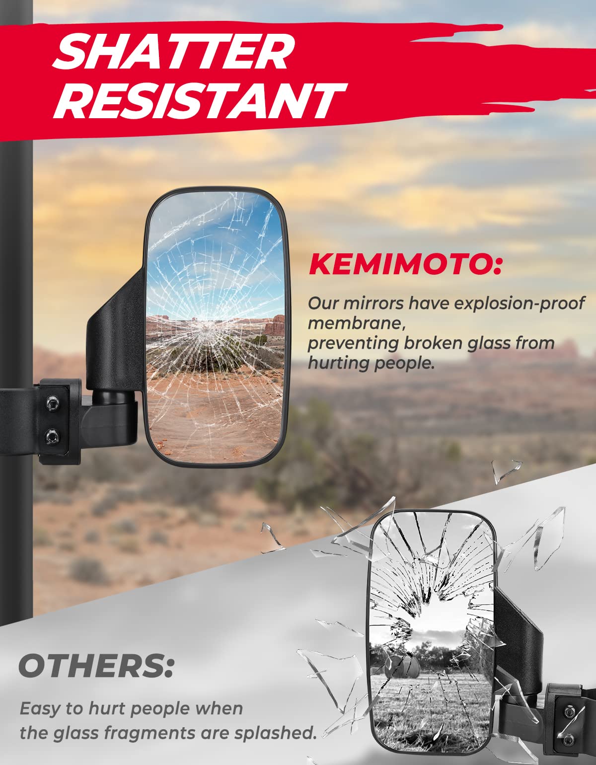 KEMIMOTO UTV Mirrors UTV Side Mirrors Fits 1.6 inch to 2 inch Roll Cage Compatible with Polaris RZR 900 1000 Can Am Kawasaki Mul