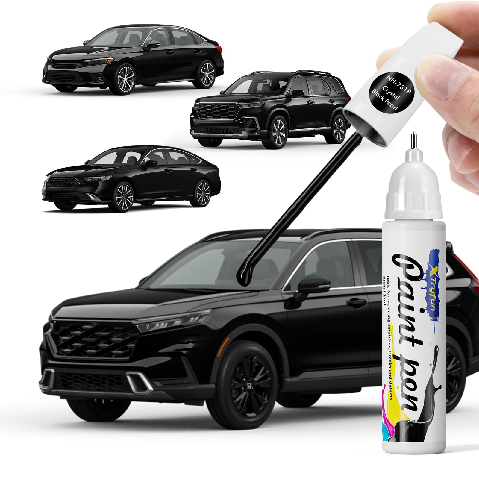 XTryfun Crystal Black Pearl (NH-731P) Touch Up Paint Compatible with Honda, DIY Car Paint Scratch Repair, Quick & Easy Fix Autom