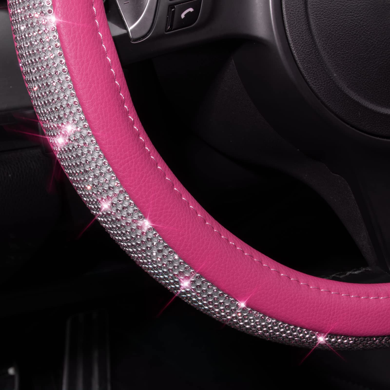 CAR PASS Diamond Pink Leather Steering Wheel Cover, Bling Crystal Rhinestones, Universal Fit 14.5"-15", for SUVs, Vans, Sedans, Trucks