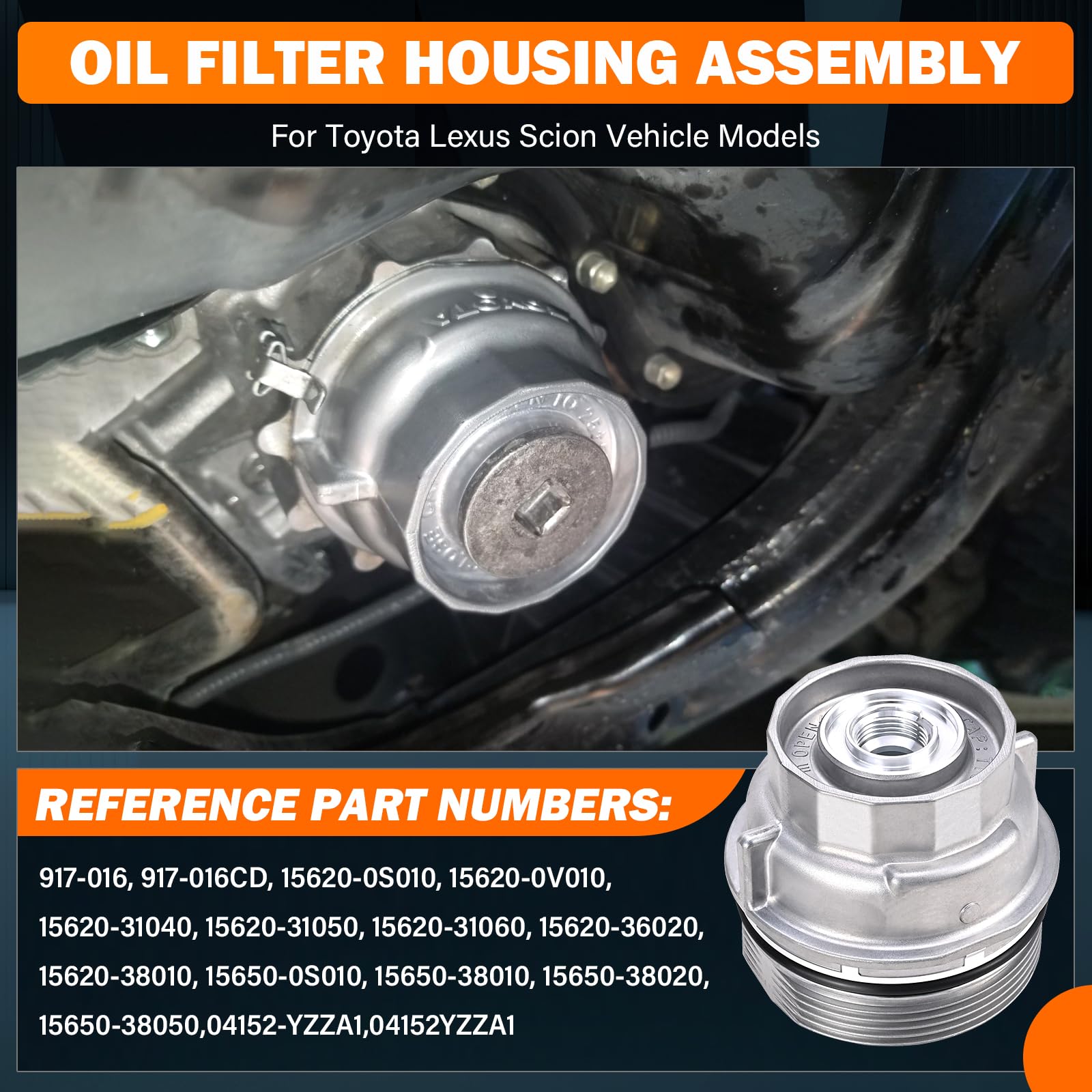 Yinlowa Oil Filter Housing Cap Assembly Kit - Model 15620-31060, Silver/Black, Compatible with Toyota, Lexus, Includes Wrench and Drain Plug